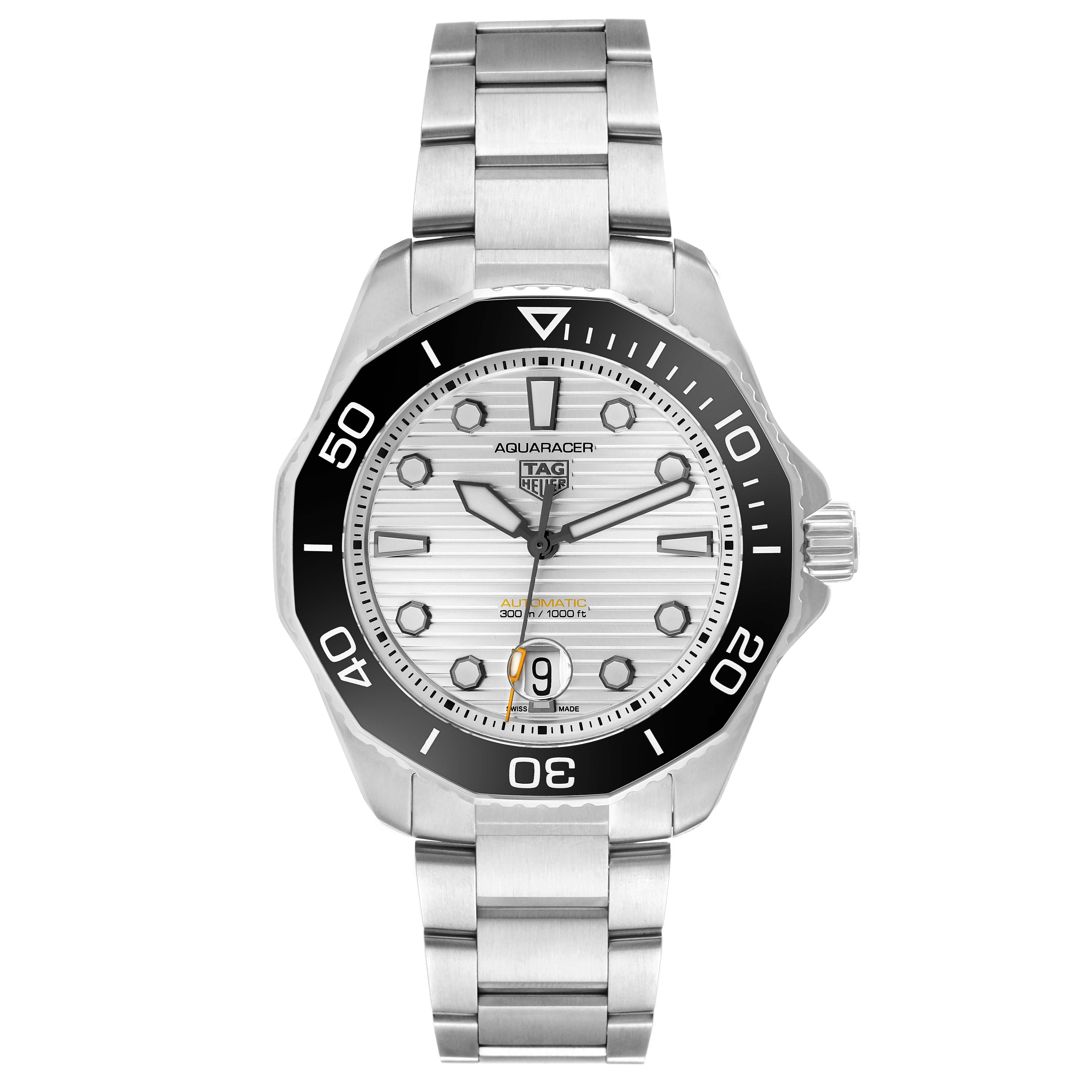 The image shows the front view of the Tag Heuer Aquaracer WBP201C Men's Stainless Steel Silver Dial WBP201C Men's Stainless Steel Silver Dial watch, detailing the dial, bezel, bracelet, and crown.