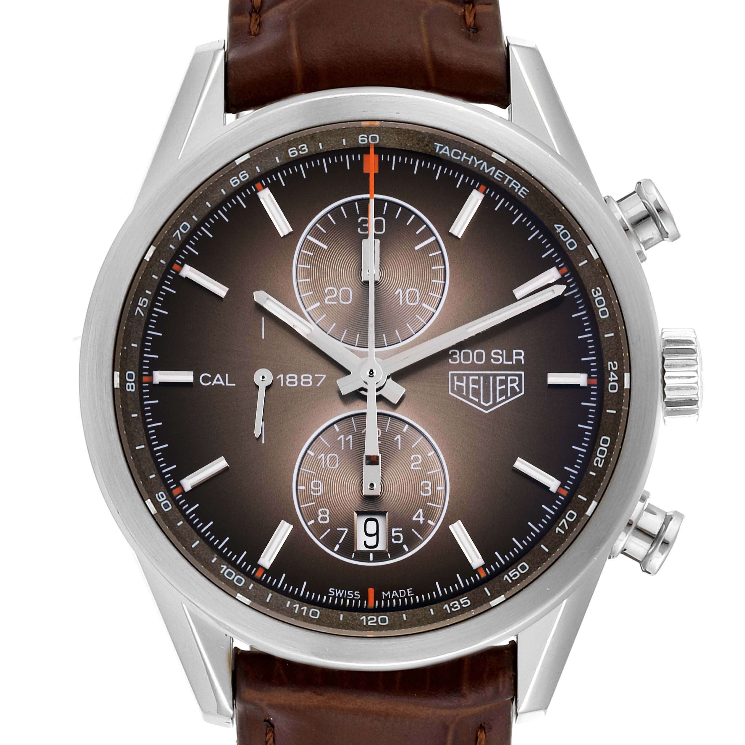 This Tag Heuer Carrera CAR2112.FC6267 Men
s Stainless Steel Brown Dial CAR2112.FC6267 Men
s Stainless Steel Brown Dial watch is shown from the front, featuring its dial, chronograph subdials, and brown leather strap.
