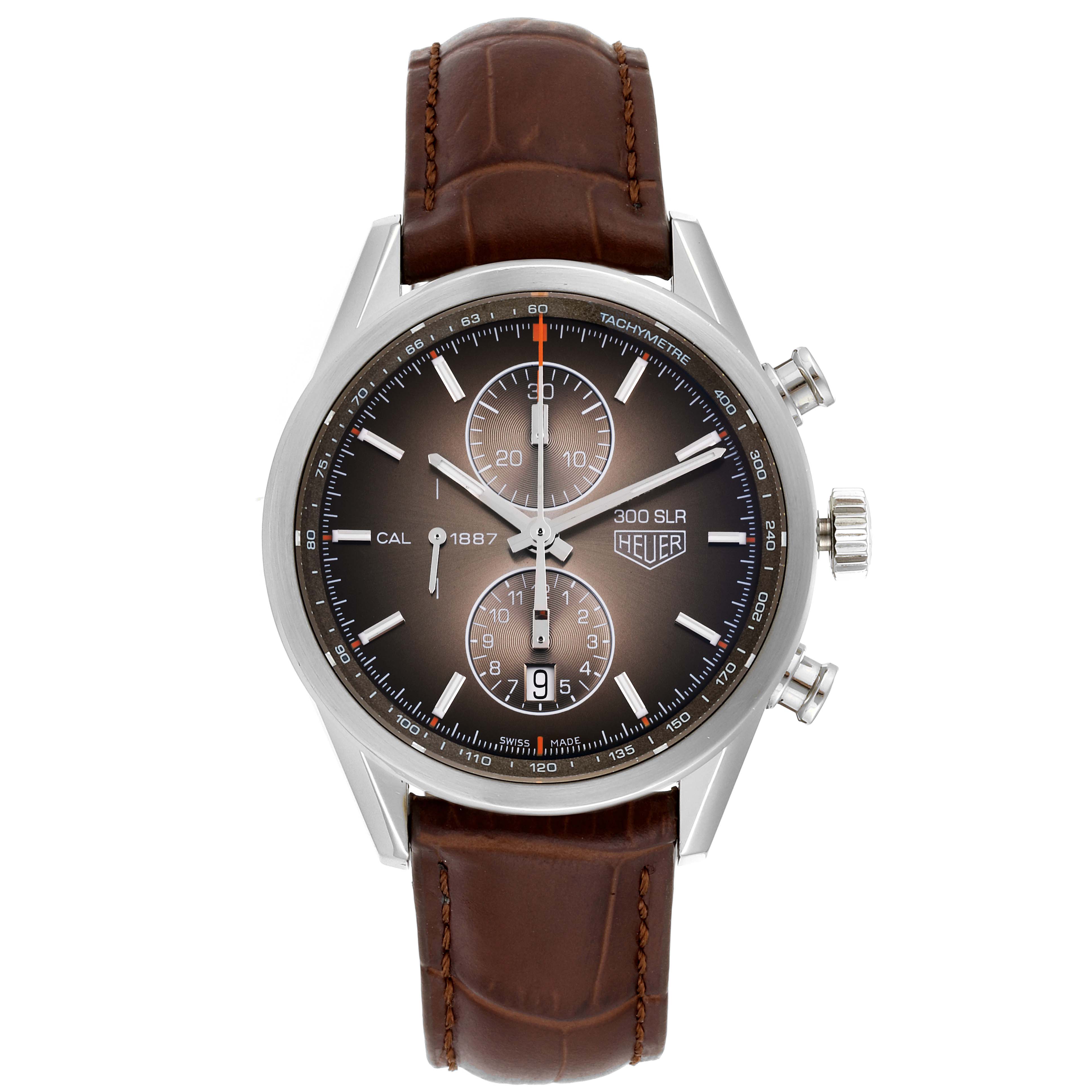 The image shows a front view of the Tag Heuer Carrera CAR2112.FC6267 Men
s Stainless Steel Brown Dial CAR2112.FC6267 Men
s Stainless Steel Brown Dial watch, highlighting its dial, chronograph subdials, and leather strap.