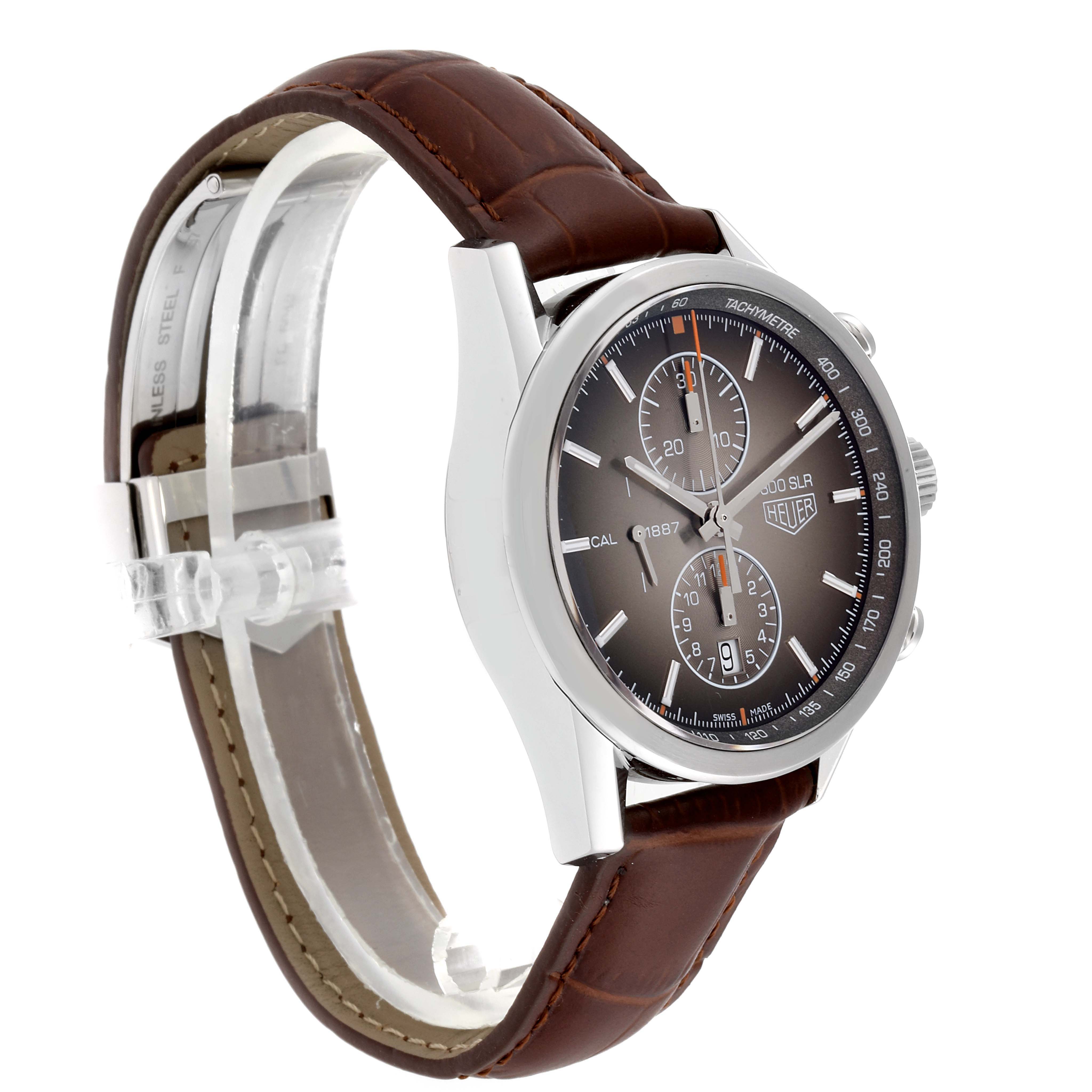 The image shows a side profile and partial front view of a Tag Heuer Carrera CAR2112.FC6267 Men
s Stainless Steel Brown Dial CAR2112.FC6267 Men
s Stainless Steel Brown Dial watch with a brown leather strap.