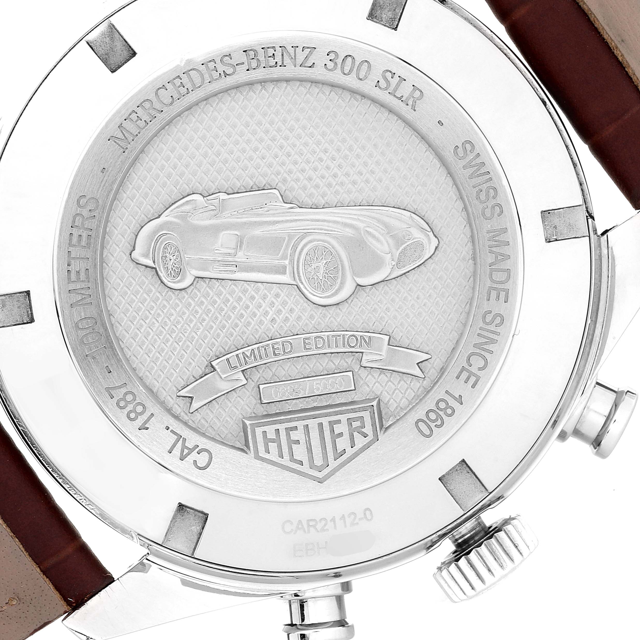 This image shows the back case of a Tag Heuer Carrera CAR2112.FC6267 Men
s Stainless Steel Brown Dial CAR2112.FC6267 Men
s Stainless Steel Brown Dial watch, highlighting the engraved Mercedes-Benz 300 SLR design.