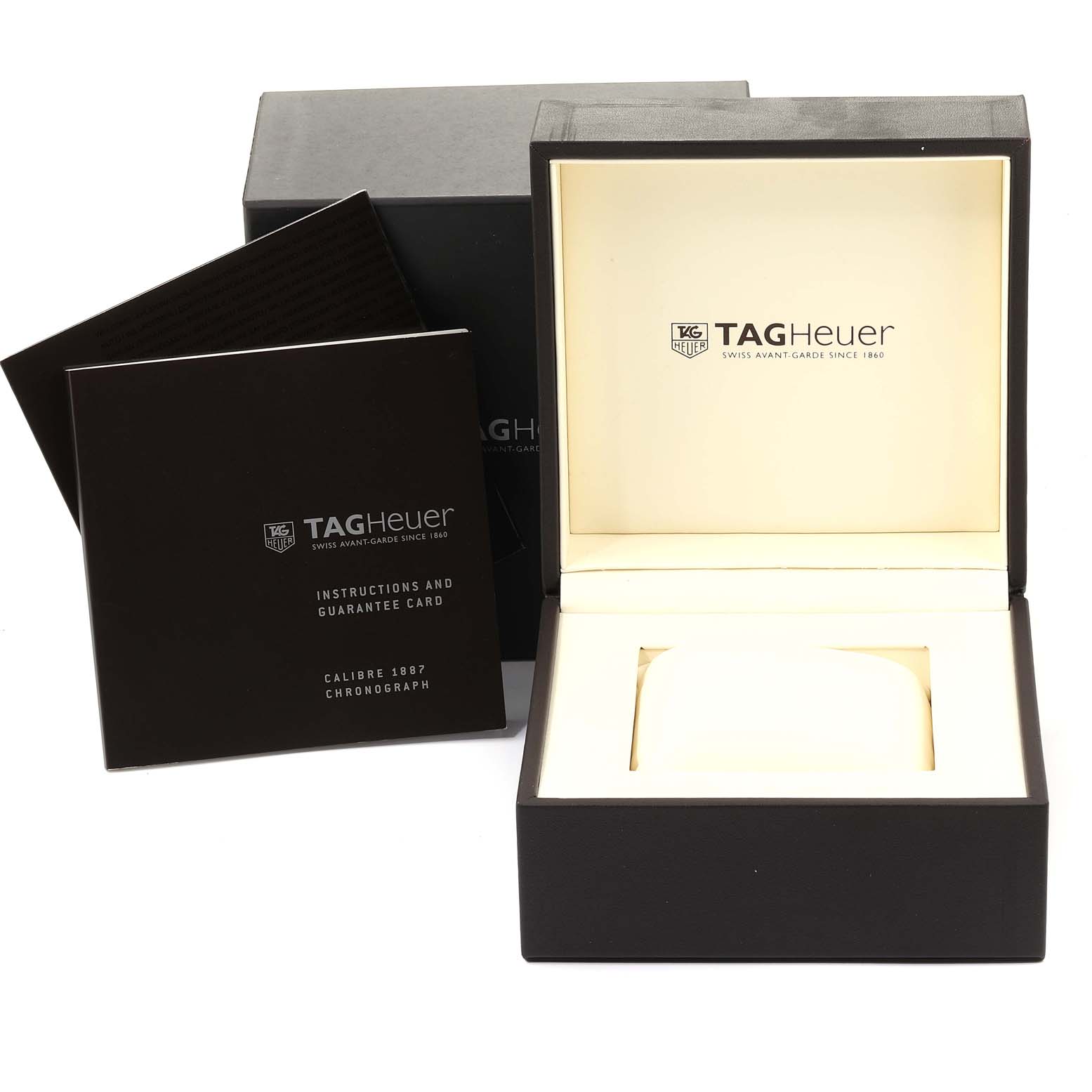 The image shows a Tag Heuer Carrera CAR2112.FC6267 Men
s Stainless Steel Brown Dial CAR2112.FC6267 Men
s Stainless Steel Brown Dial watch box and manuals, viewed from the front.