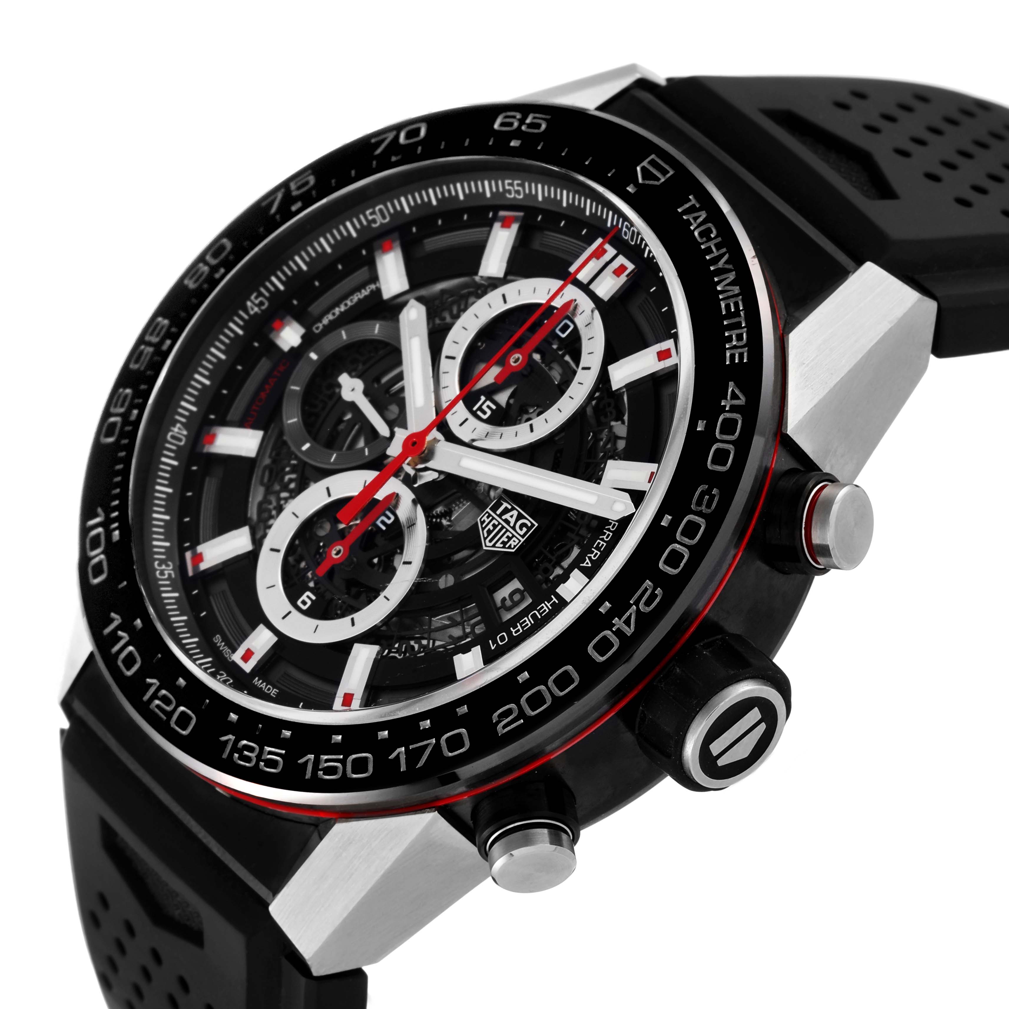 The image shows a close-up angle of the Tag Heuer Carrera CAR2A1Z Men's Stainless Steel Black Dial CAR2A1Z Men's Stainless Steel Black Dial watch, highlighting the dial, tachymeter bezel, and pushers.