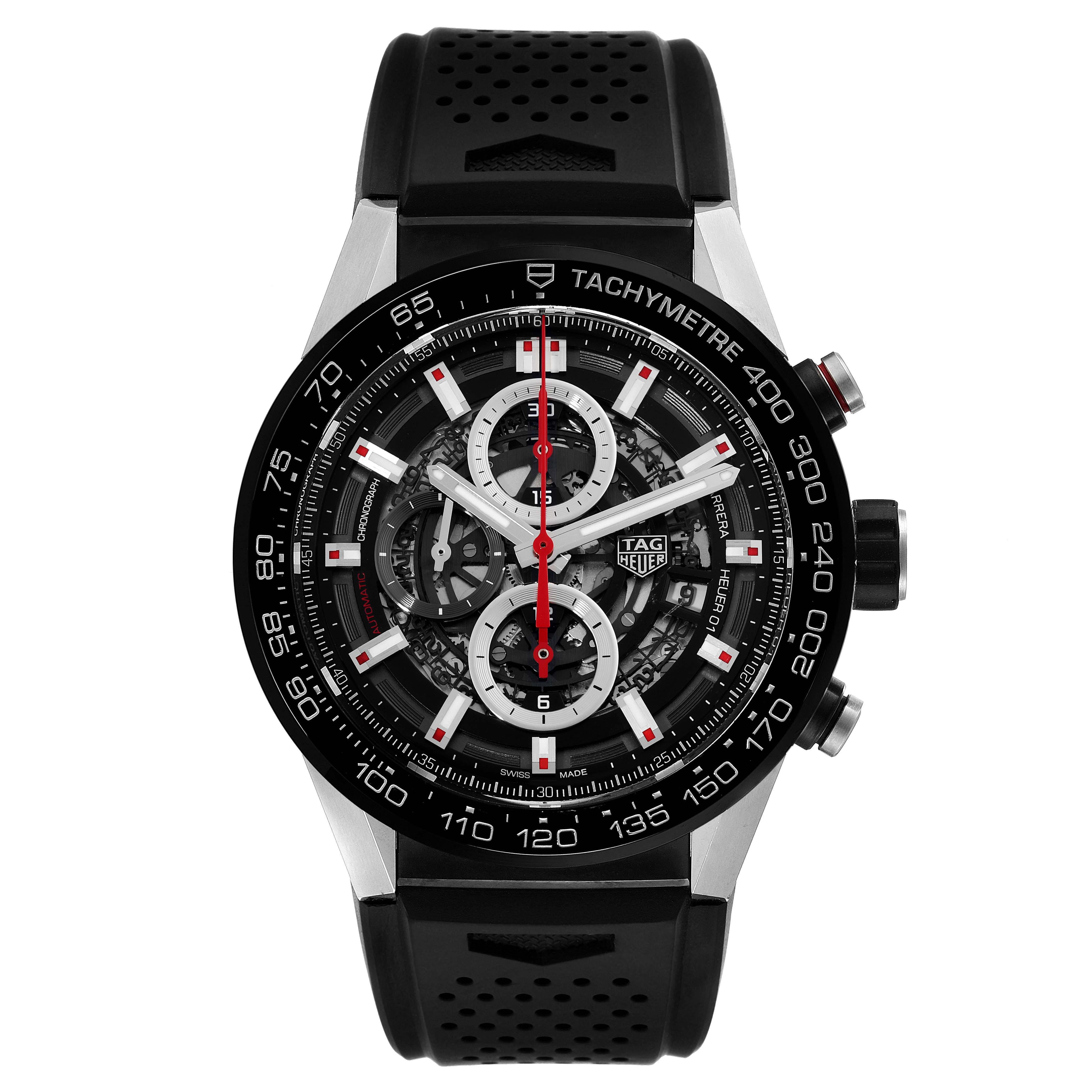 The Tag Heuer Carrera CAR2A1Z Men's Stainless Steel Black Dial CAR2A1Z Men's Stainless Steel Black Dial watch is shown from a front angle, highlighting its face and black rubber strap.