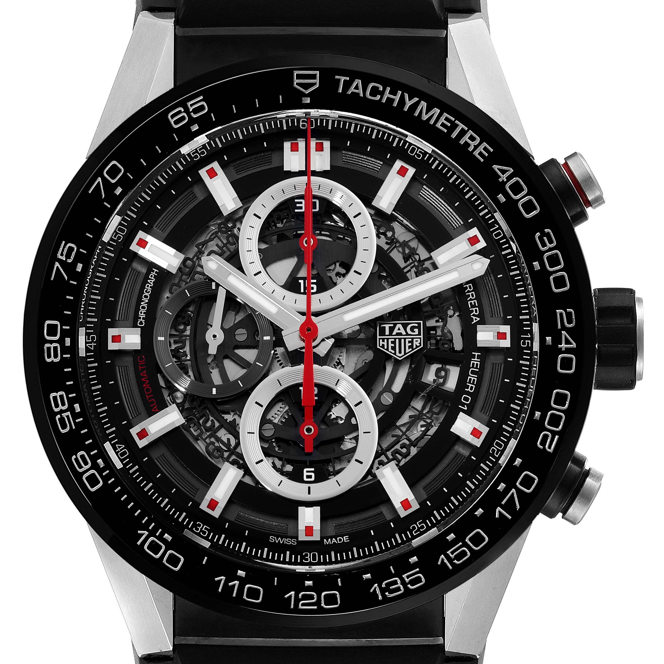 This image features a close-up view of the Tag Heuer Carrera CAR2A1Z Men's Stainless Steel Black Dial CAR2A1Z Men's Stainless Steel Black Dial watch, highlighting the dial, tachymeter bezel, and chronograph subdials.