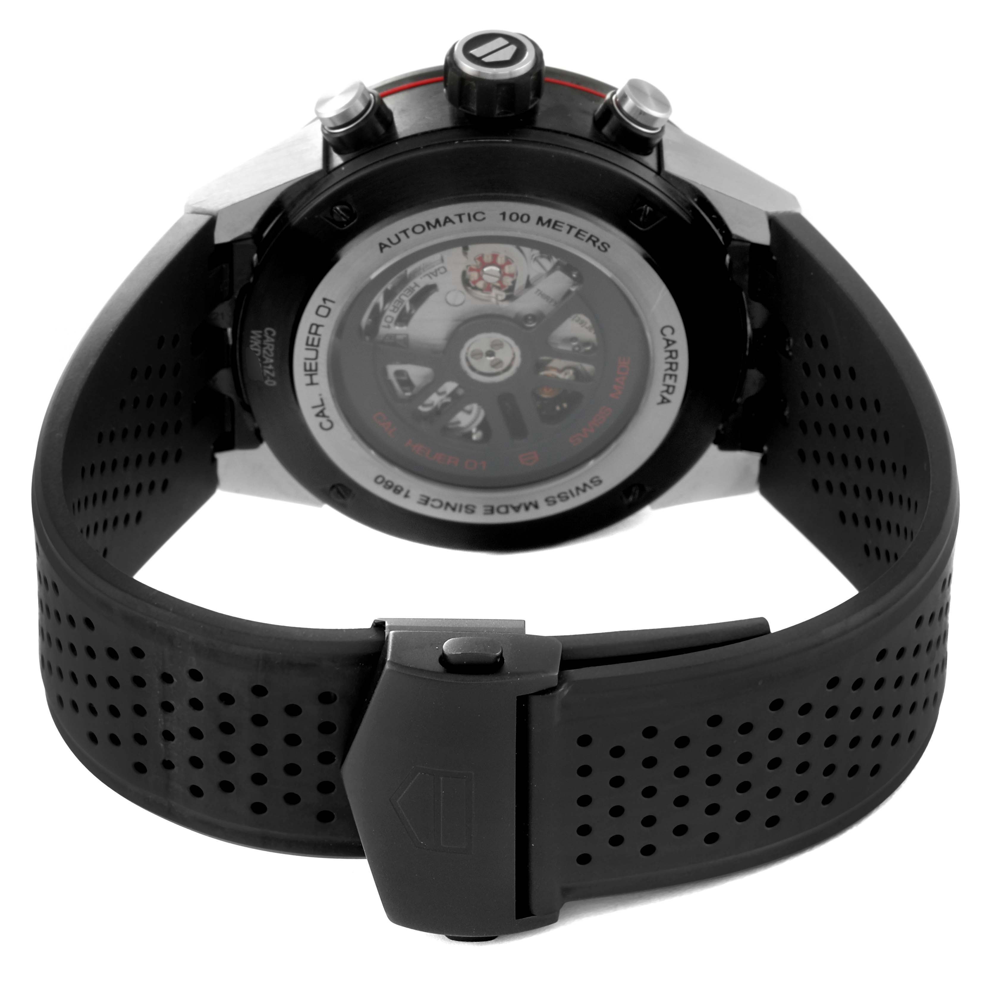 This image shows the back view of the Tag Heuer Carrera CAR2A1Z Men's Stainless Steel Black Dial CAR2A1Z Men's Stainless Steel Black Dial model watch, highlighting the automatic movement and perforated strap.
