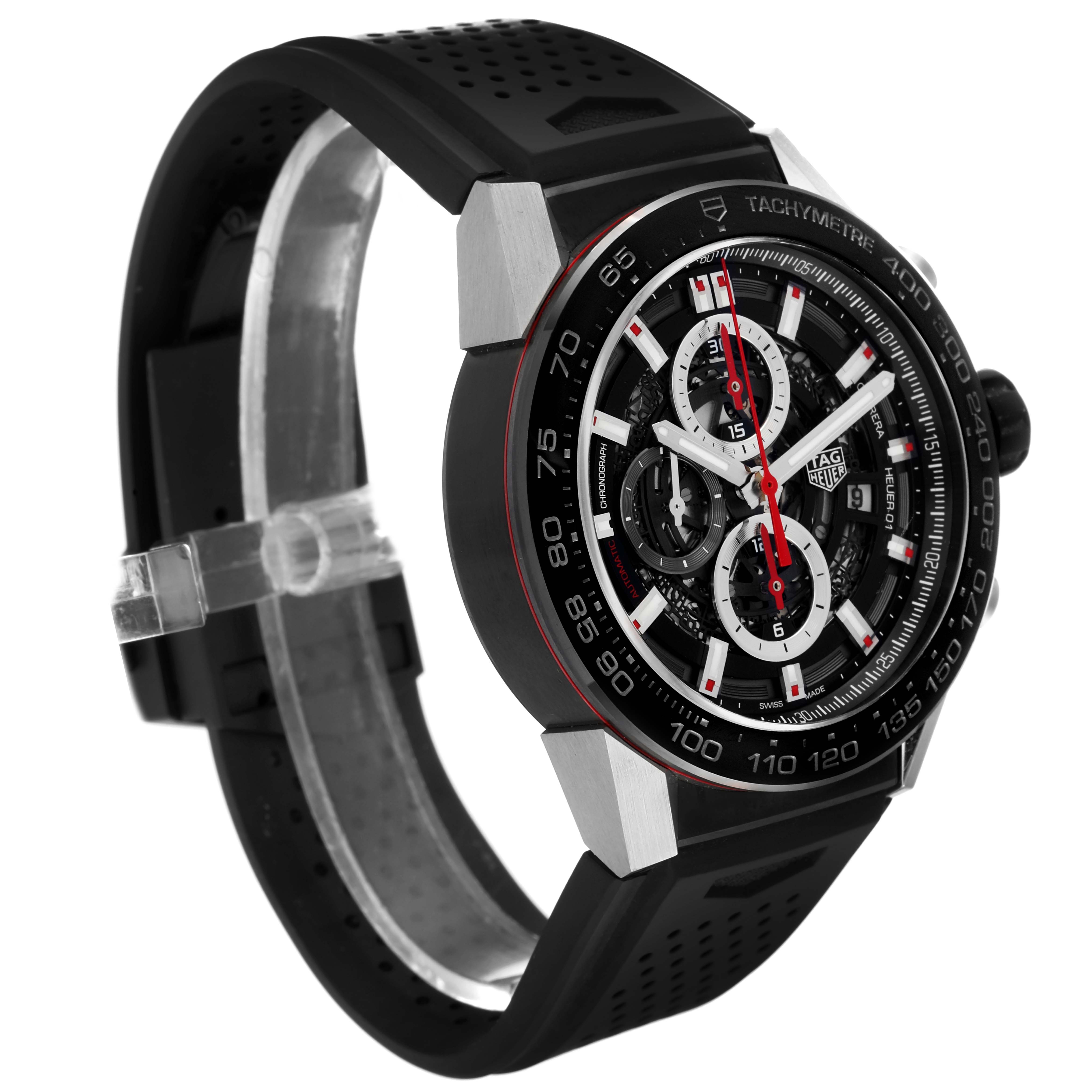 The image shows a Tag Heuer Carrera CAR2A1Z Men's Stainless Steel Black Dial CAR2A1Z Men's Stainless Steel Black Dial watch at a slight angle, displaying the face, bezel, and part of the strap.
