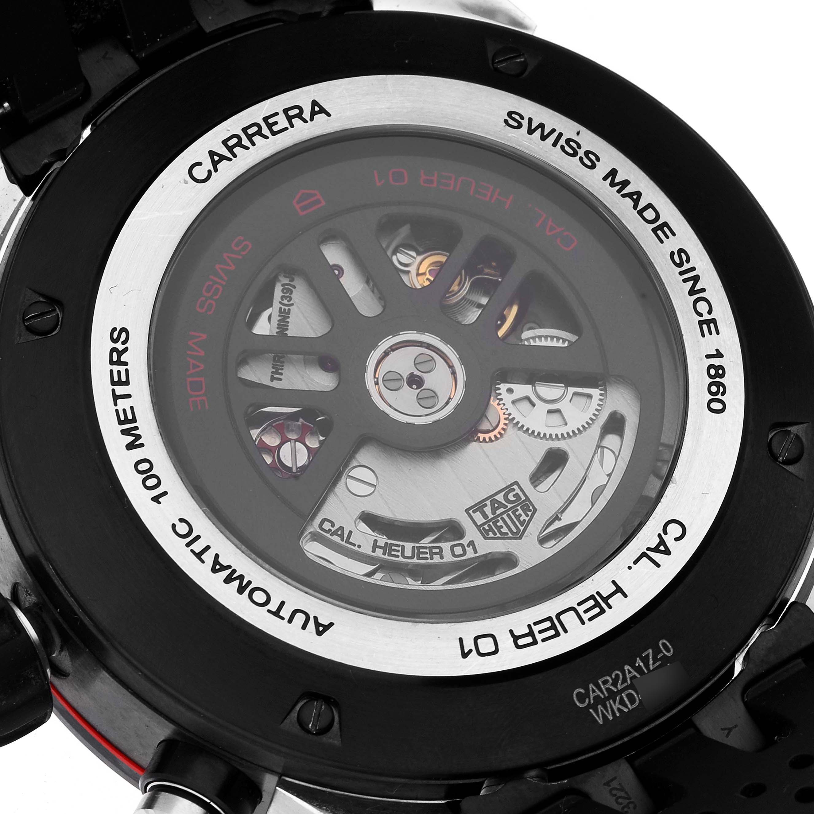 The image shows the back of a Tag Heuer Carrera CAR2A1Z Men's Stainless Steel Black Dial CAR2A1Z Men's Stainless Steel Black Dial watch, highlighting its automatic movement and intricate mechanism.