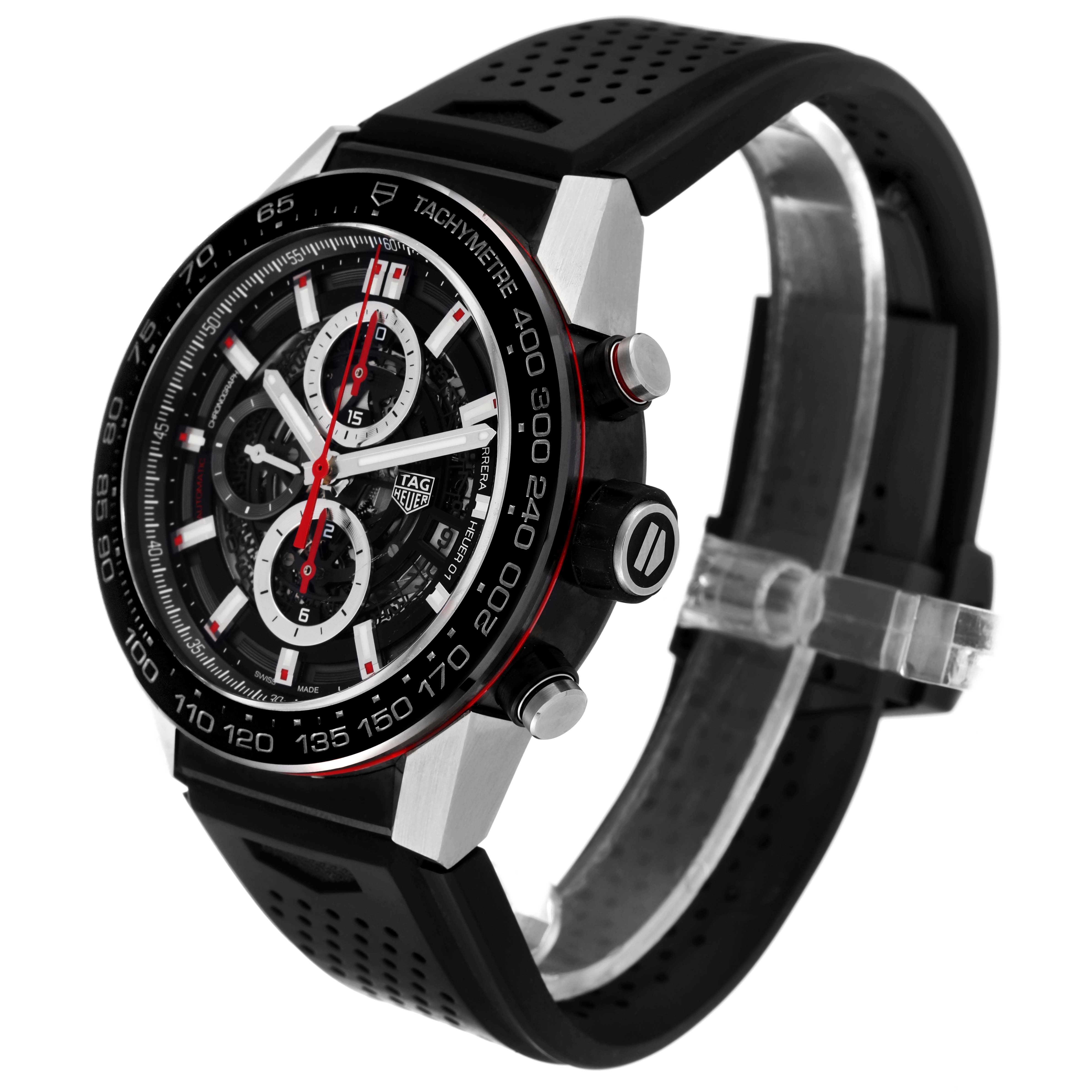 This image shows a Tag Heuer Carrera CAR2A1Z Men's Stainless Steel Black Dial CAR2A1Z Men's Stainless Steel Black Dial watch angled from the front-left, highlighting the watch face, tachymeter, and black strap.