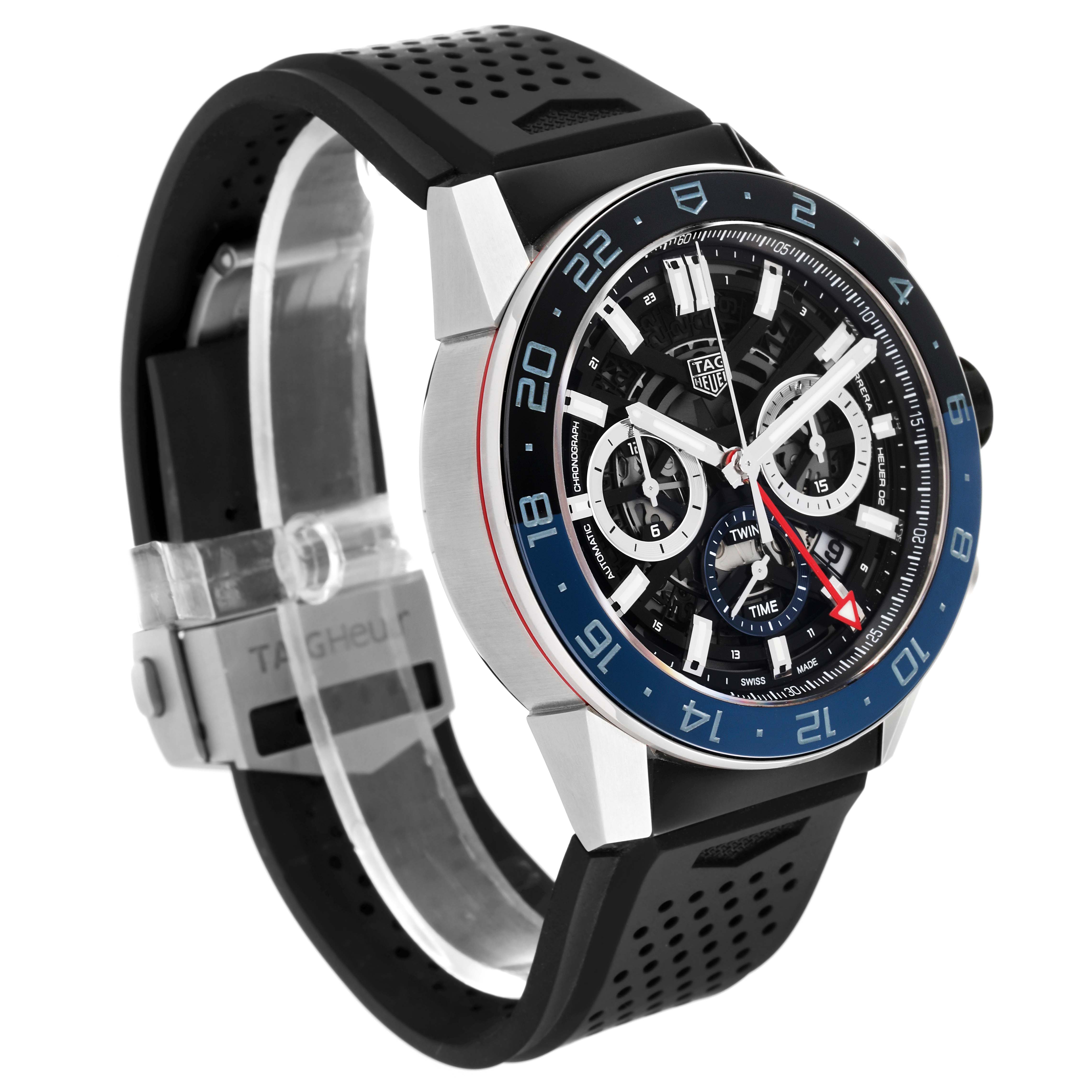 The image shows a side-angle view of the Tag Heuer Carrera CBG2A1Z.BA0658 Men's Stainless Steel Black Dial CBG2A1Z.BA0658 Men's Stainless Steel Black Dial watch, featuring its bezel, dial, and strap.