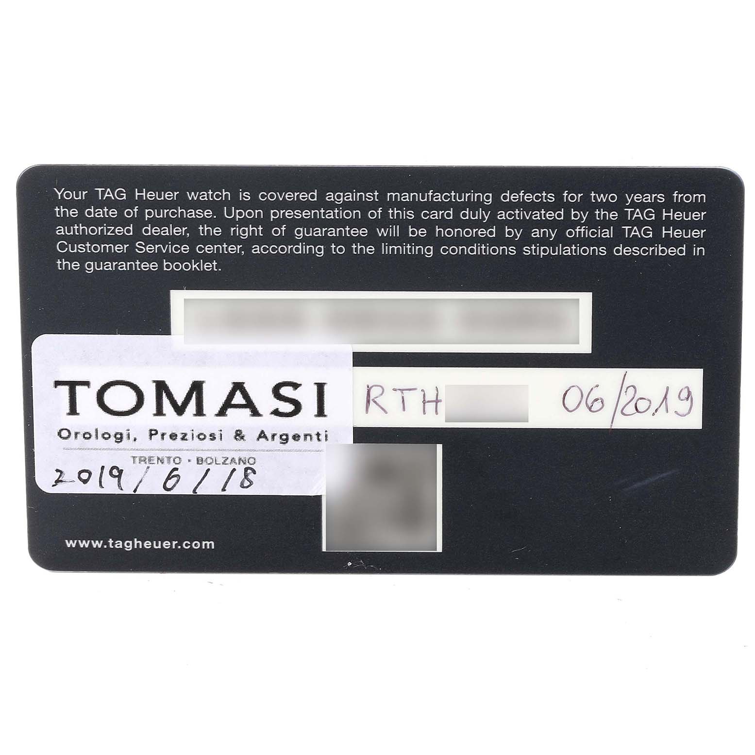 The image shows a warranty card for a Tag Heuer Carrera CBG2A1Z.BA0658 Men's Stainless Steel Black Dial CBG2A1Z.BA0658 Men's Stainless Steel Black Dial watch, detailing purchase and warranty information.