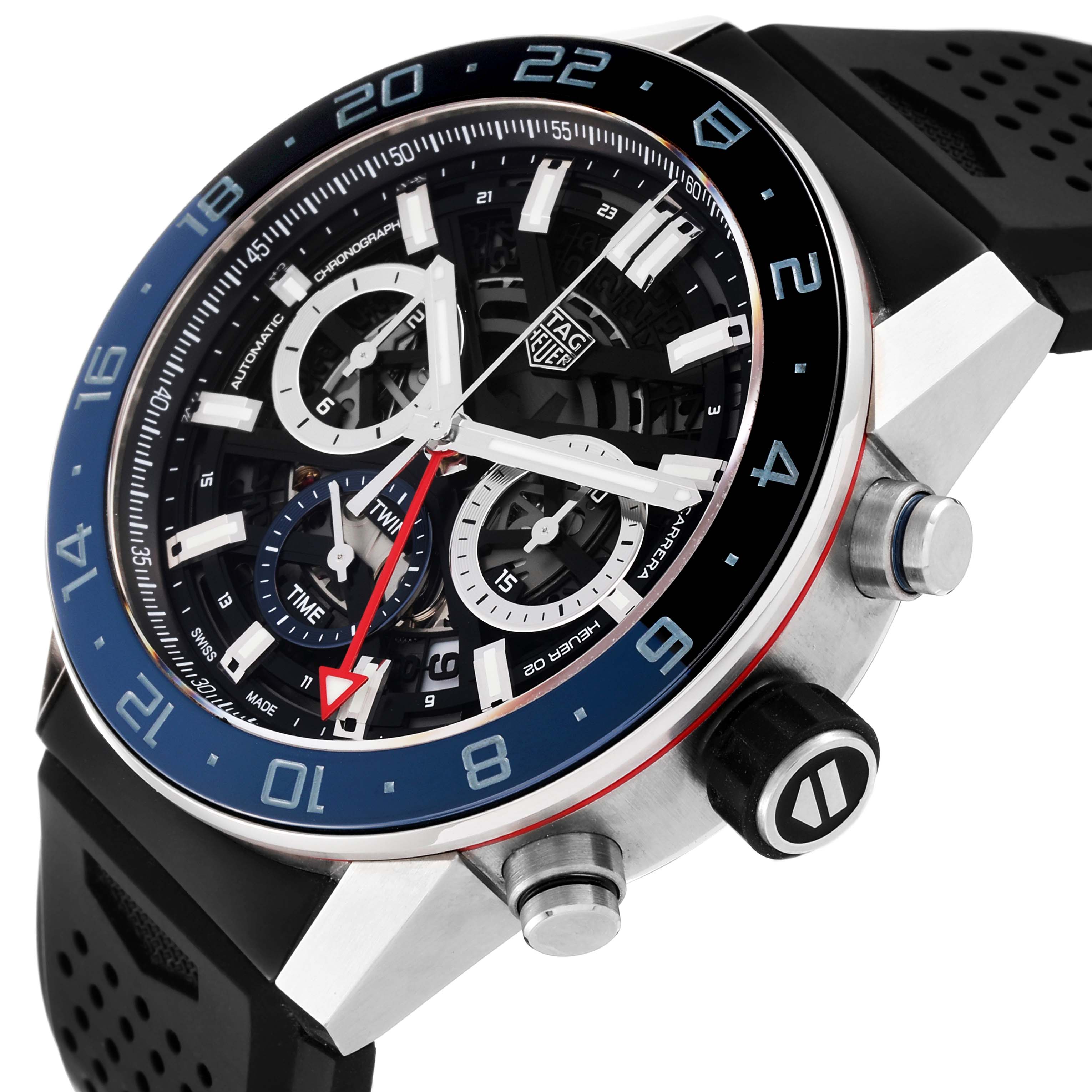 The image shows a close-up angle of the Tag Heuer Carrera CBG2A1Z.BA0658 Men's Stainless Steel Black Dial CBG2A1Z.BA0658 Men's Stainless Steel Black Dial model watch, highlighting the dial, bezel, and side buttons.