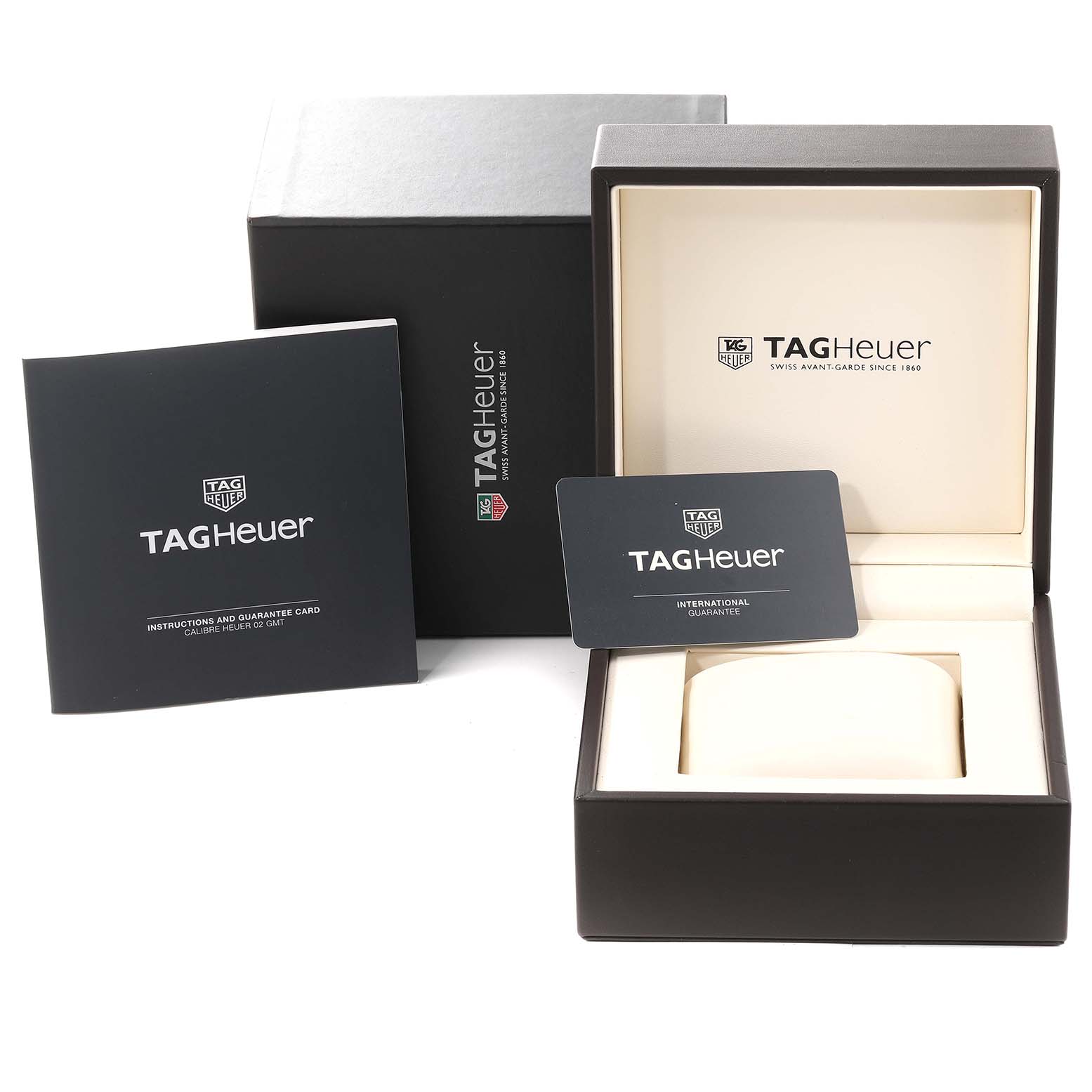 The image shows the Tag Heuer Carrera CBG2A1Z.BA0658 Men's Stainless Steel Black Dial CBG2A1Z.BA0658 Men's Stainless Steel Black Dial watch packaging, including the box, instructions, and guarantee card.
