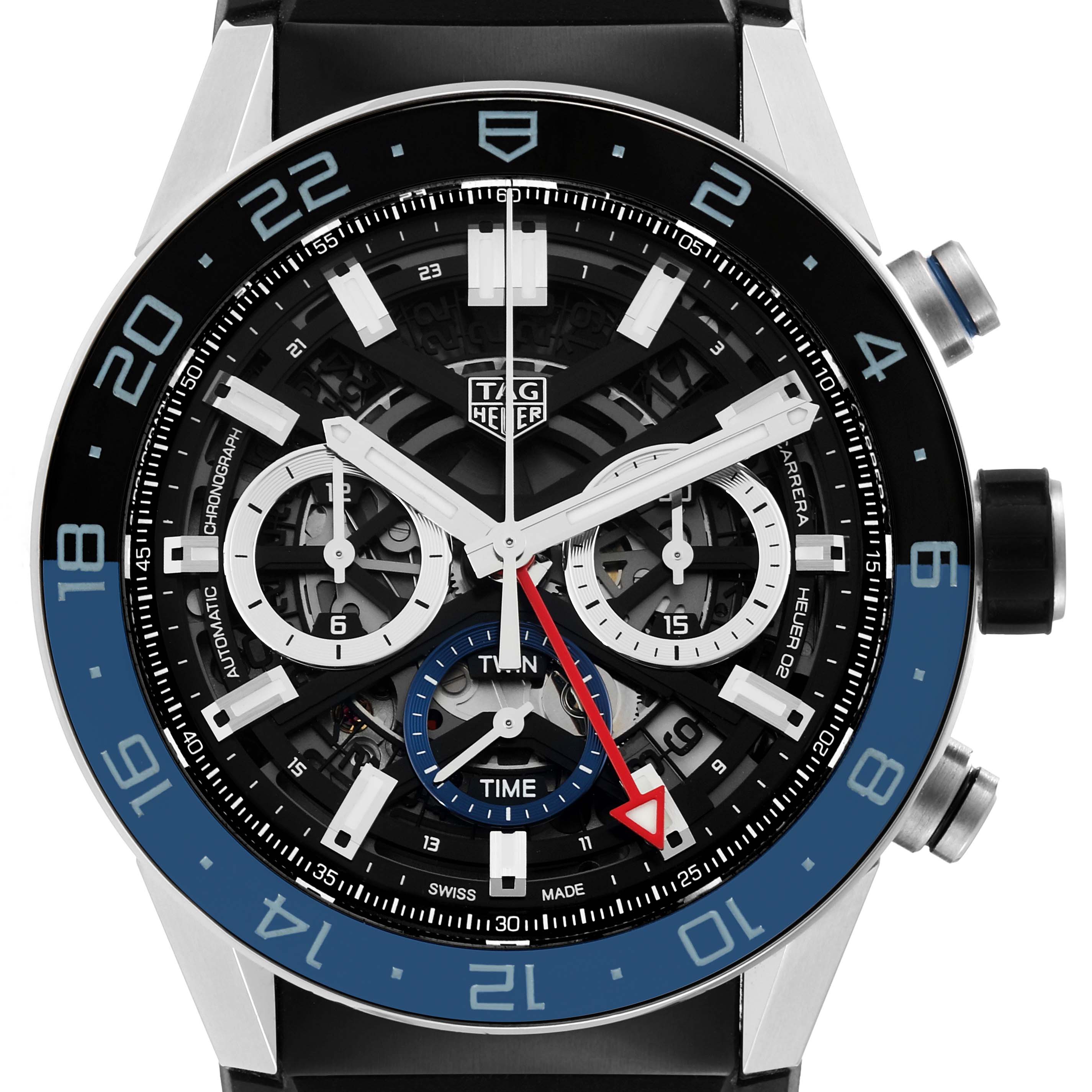 This image shows a front view of the Tag Heuer Carrera CBG2A1Z.BA0658 Men's Stainless Steel Black Dial CBG2A1Z.BA0658 Men's Stainless Steel Black Dial watch, highlighting its dial and chronograph features.