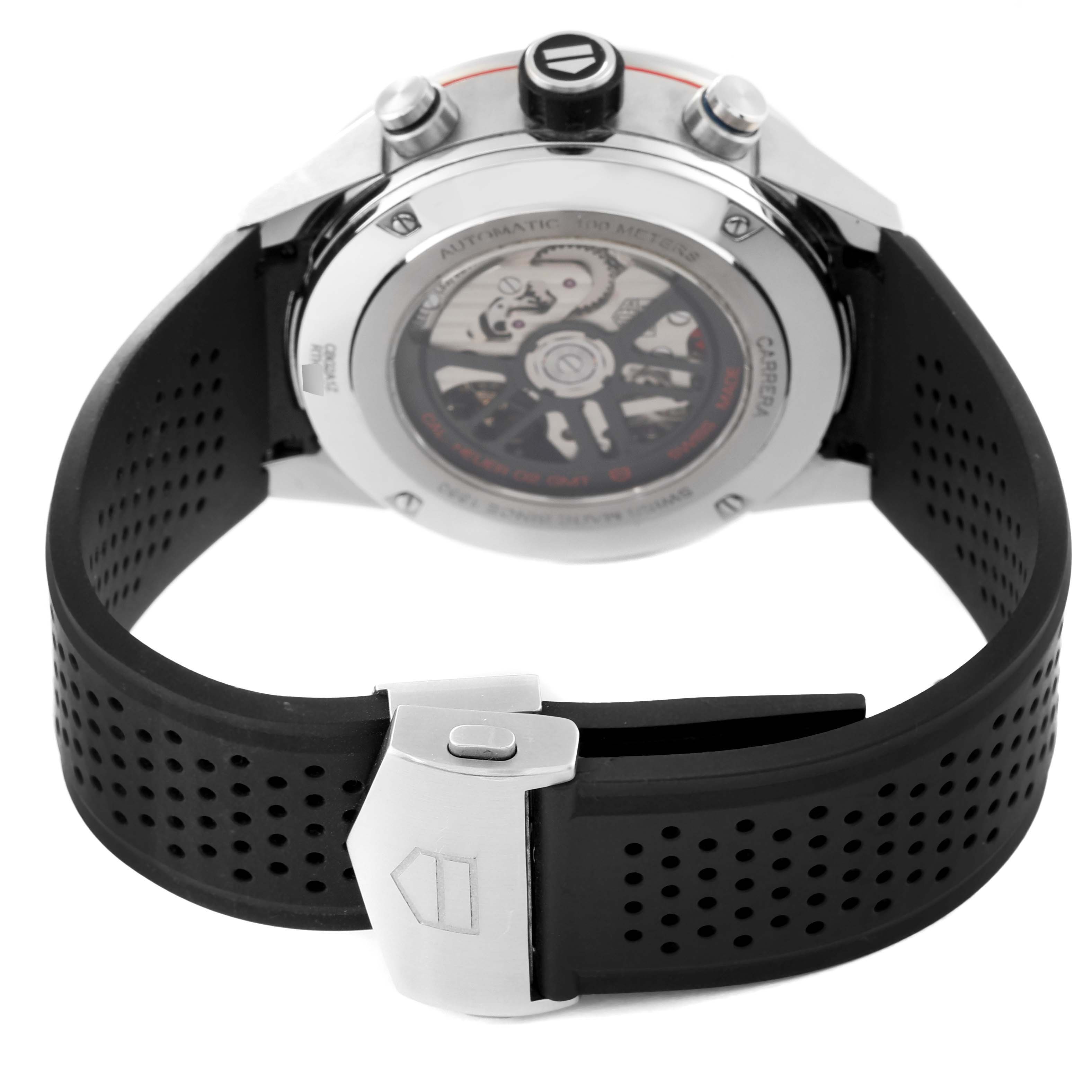 The image shows the back view of the Tag Heuer Carrera CBG2A1Z.BA0658 Men's Stainless Steel Black Dial CBG2A1Z.BA0658 Men's Stainless Steel Black Dial watch, highlighting the clasp, back case, and rubber strap.