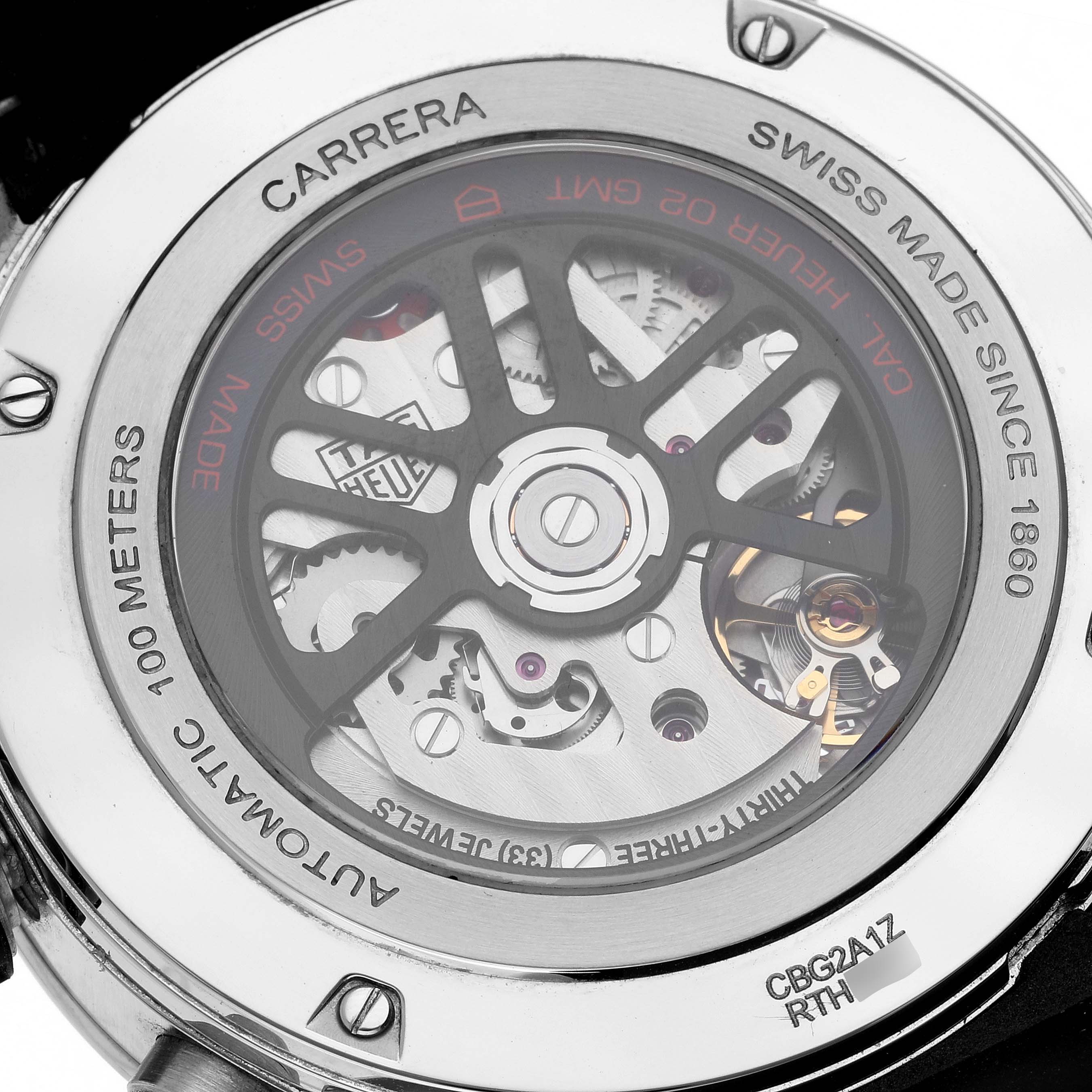 The image shows the back view of the Tag Heuer Carrera CBG2A1Z.BA0658 Men's Stainless Steel Black Dial CBG2A1Z.BA0658 Men's Stainless Steel Black Dial watch, highlighting its automatic movement and transparent case back.