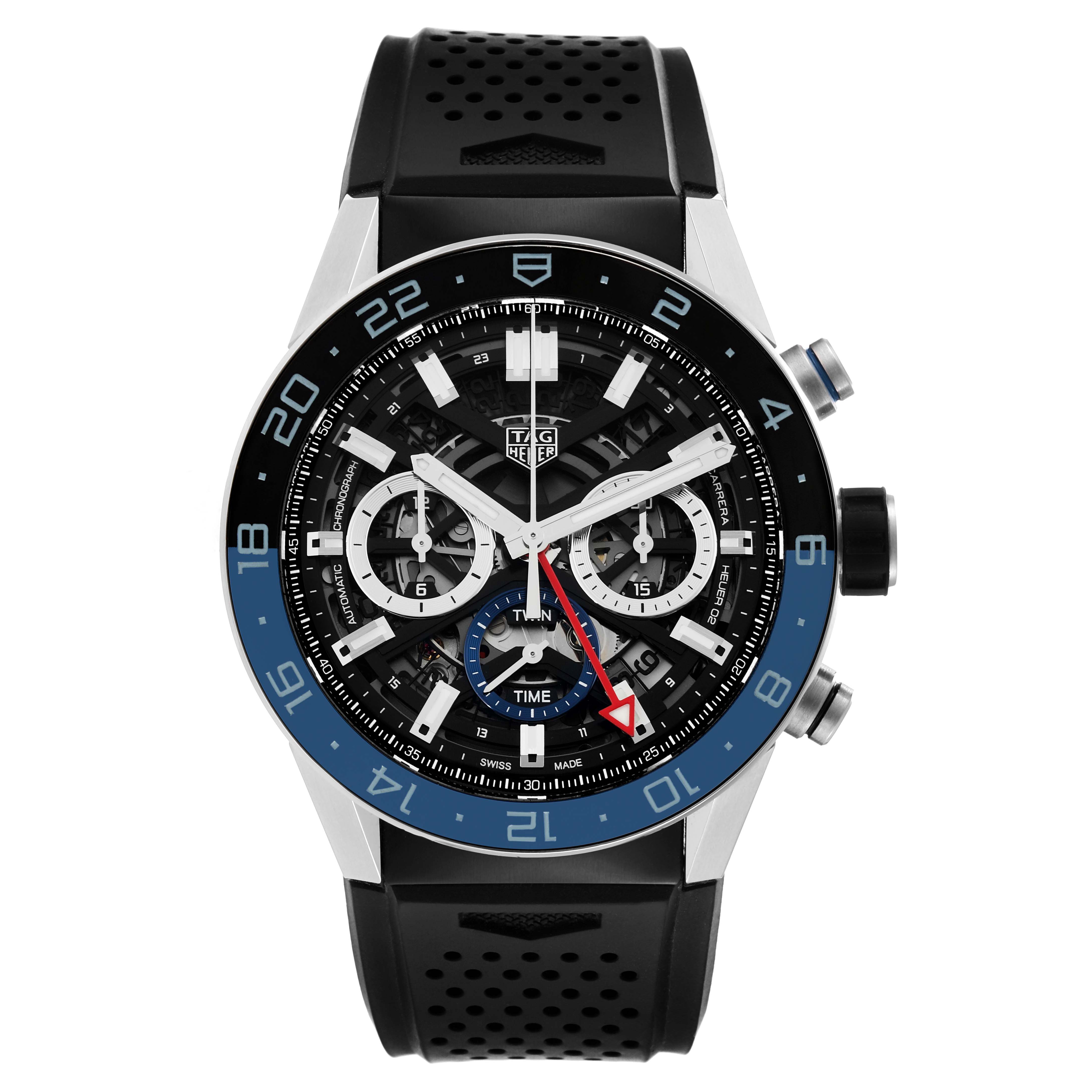 The image shows a front view of the Tag Heuer Carrera CBG2A1Z.BA0658 Men's Stainless Steel Black Dial CBG2A1Z.BA0658 Men's Stainless Steel Black Dial watch, featuring a black and blue dial with a perforated black strap.