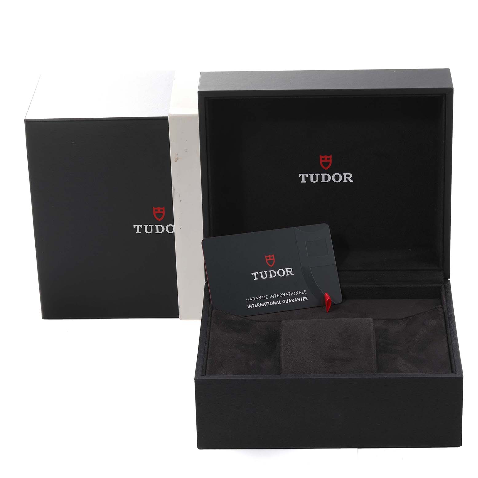 The image shows Tudor Heritage Black Bay 79830RB Men's Stainless Steel Black Dial 79830RB Men's Stainless Steel Black Dial watch packaging, including the outer box, inner box, and guarantee card.