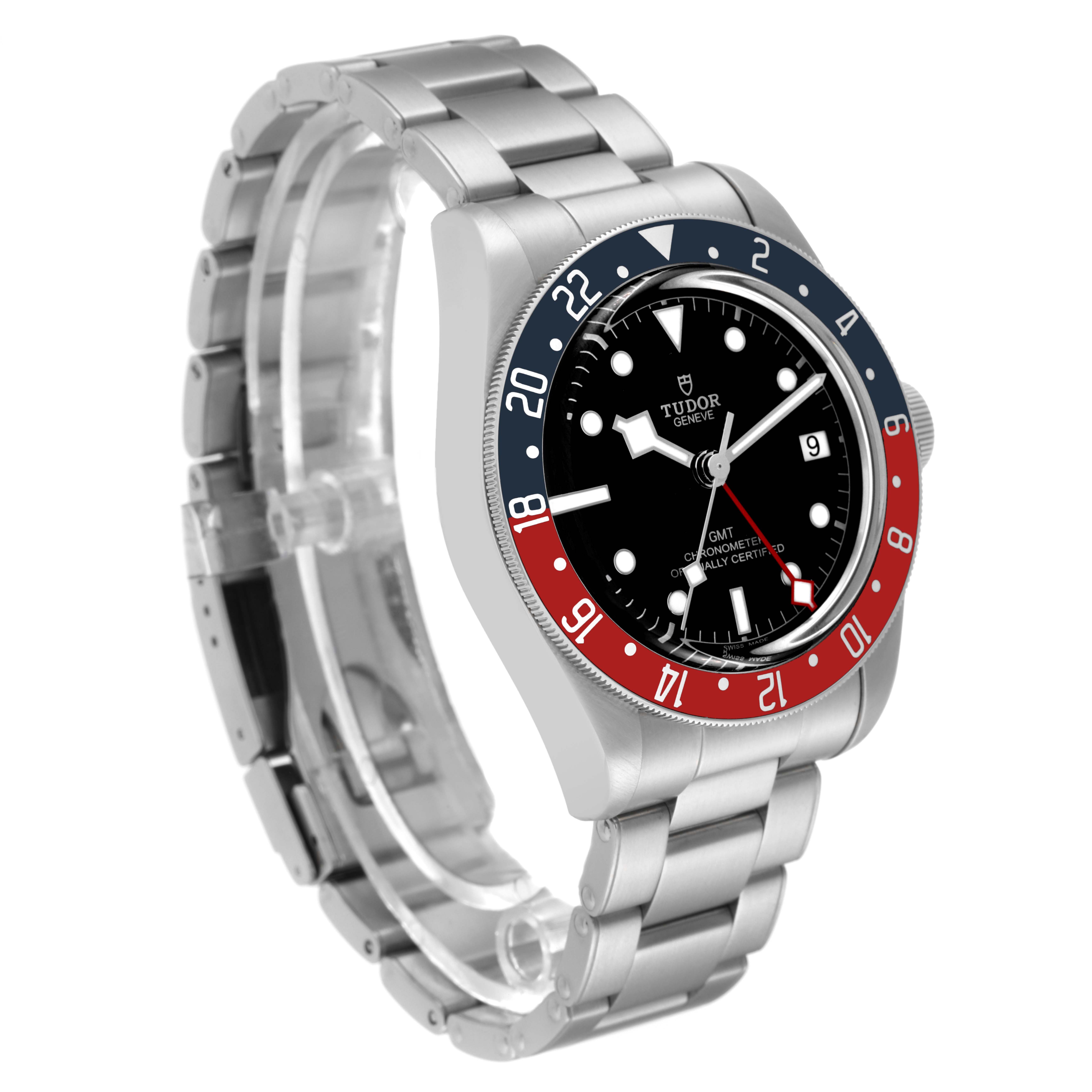 This image shows a Tudor Heritage Black Bay 79830RB Men's Stainless Steel Black Dial 79830RB Men's Stainless Steel Black Dial watch with a red and blue bezel, stainless steel bracelet, and black dial, angled to the right.