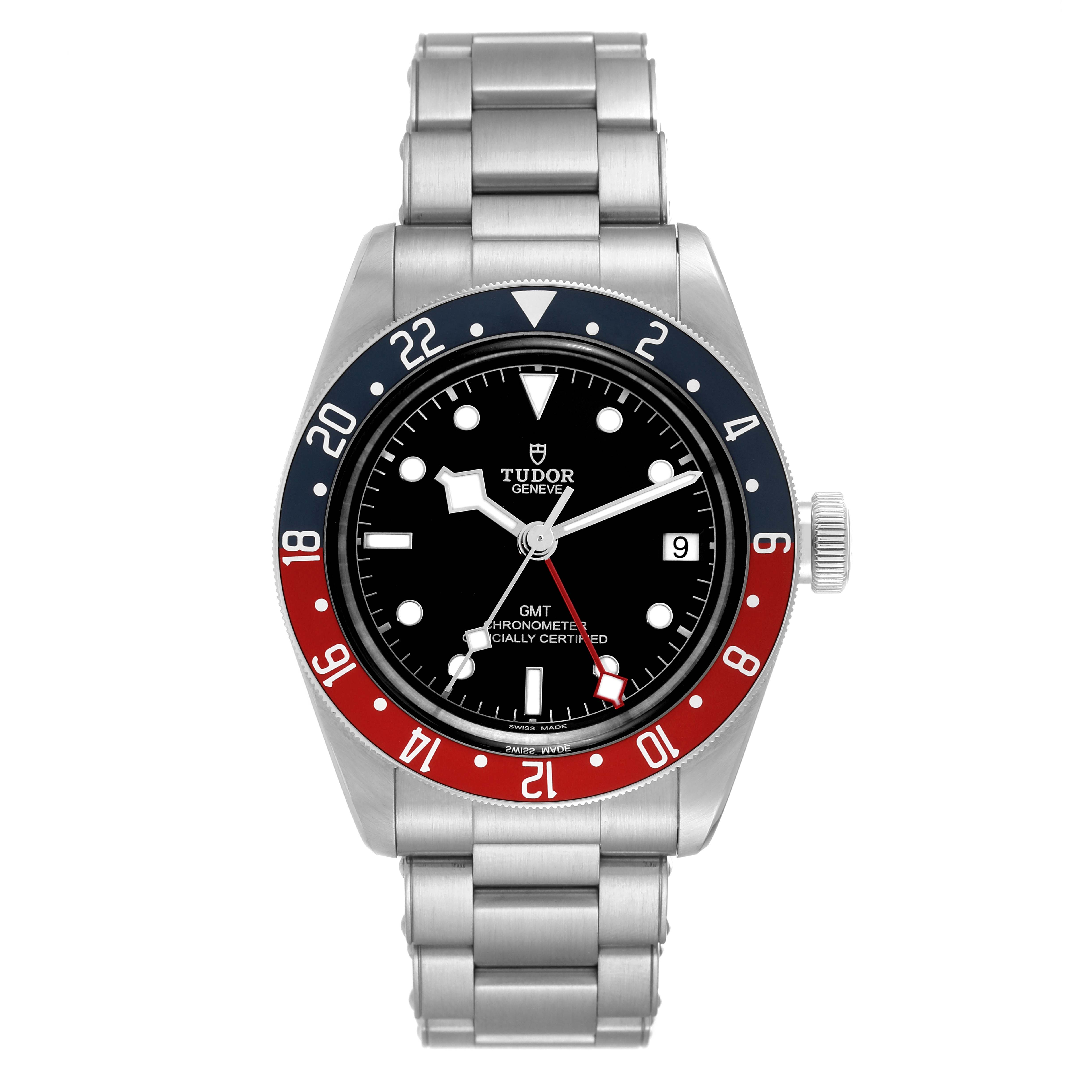 The image shows a front view of the Tudor Heritage Black Bay 79830RB Men's Stainless Steel Black Dial 79830RB Men's Stainless Steel Black Dial GMT watch with a stainless steel bracelet and a red and blue bezel.