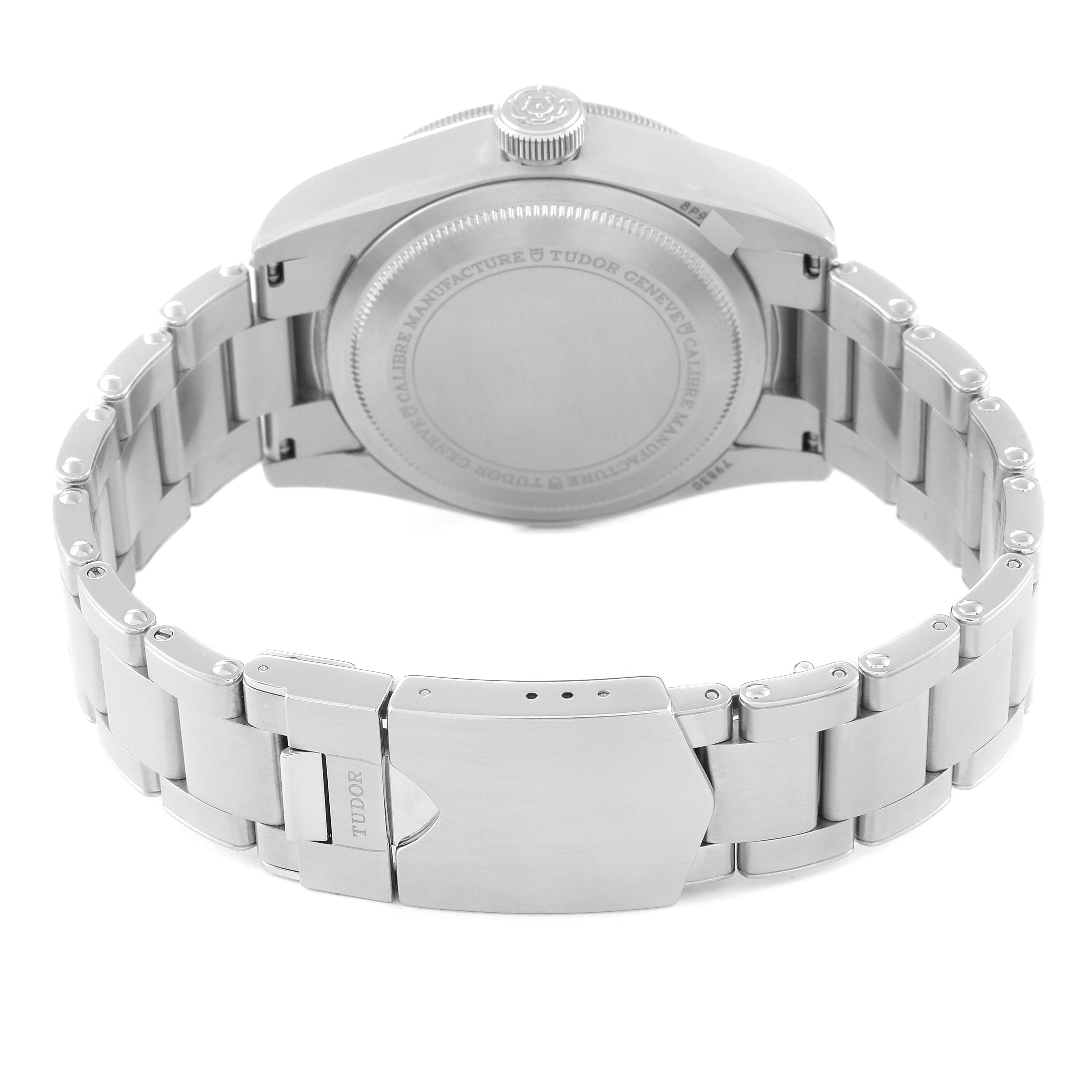 The image shows the back case and metal bracelet of a Tudor Heritage Black Bay 79830RB Men's Stainless Steel Black Dial 79830RB Men's Stainless Steel Black Dial watch from a rear angle.