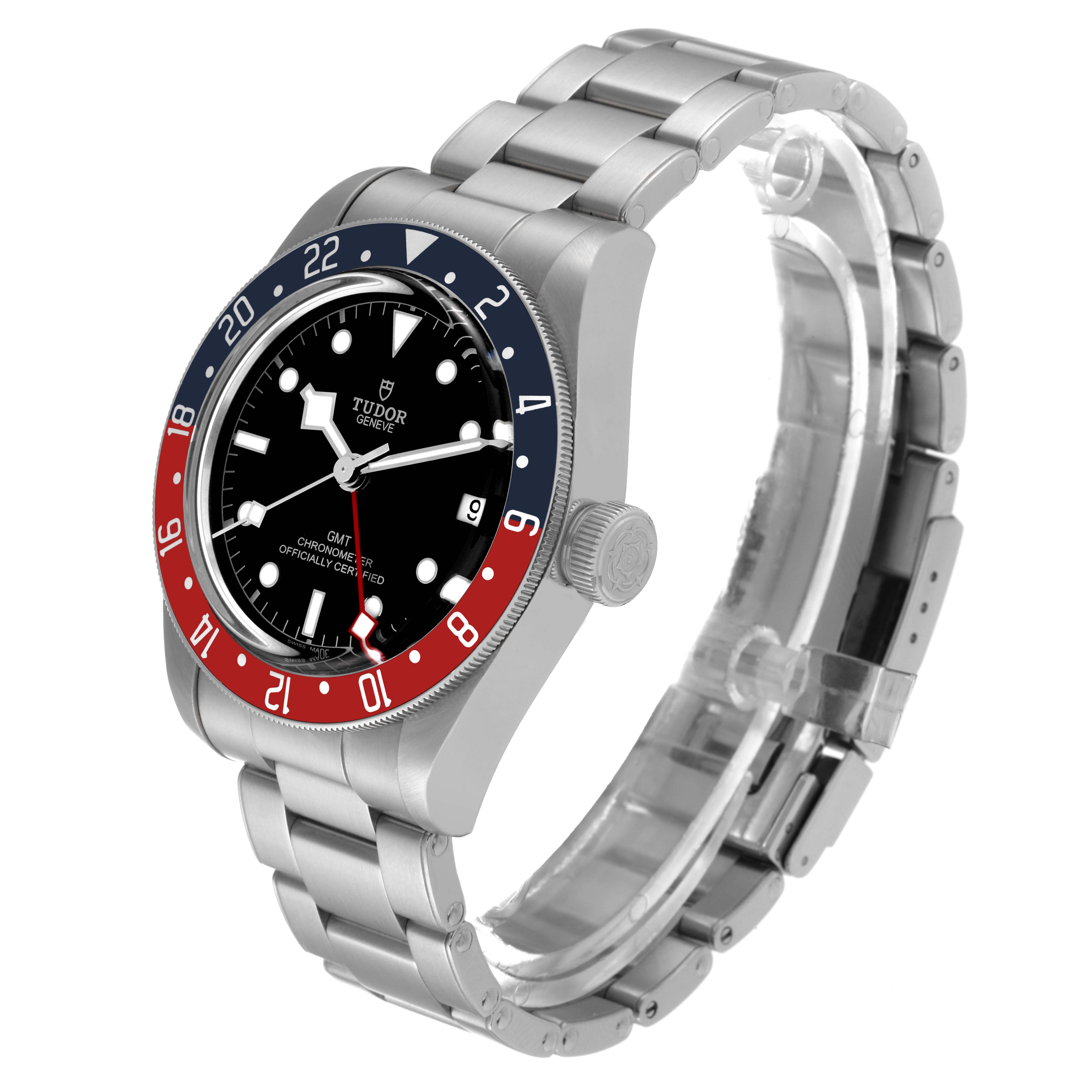 The Tudor Heritage Black Bay 79830RB Men's Stainless Steel Black Dial 79830RB Men's Stainless Steel Black Dial watch is shown at a slight angle, displaying the dial, bezel, bracelet, and side profile.
