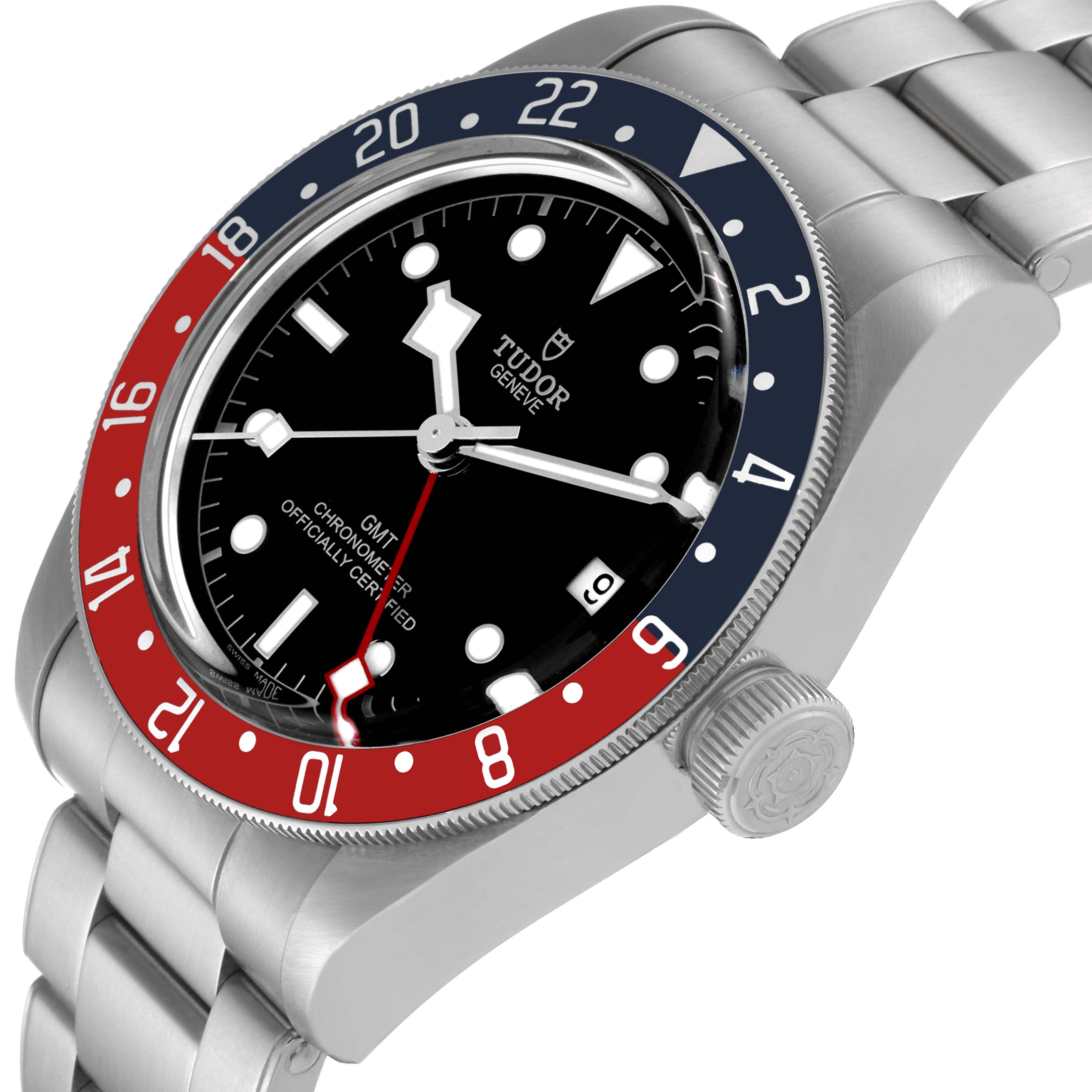 The Tudor Heritage Black Bay 79830RB Men's Stainless Steel Black Dial 79830RB Men's Stainless Steel Black Dial model watch is shown at a slight side angle showcasing the bezel, dial, and a portion of the bracelet.