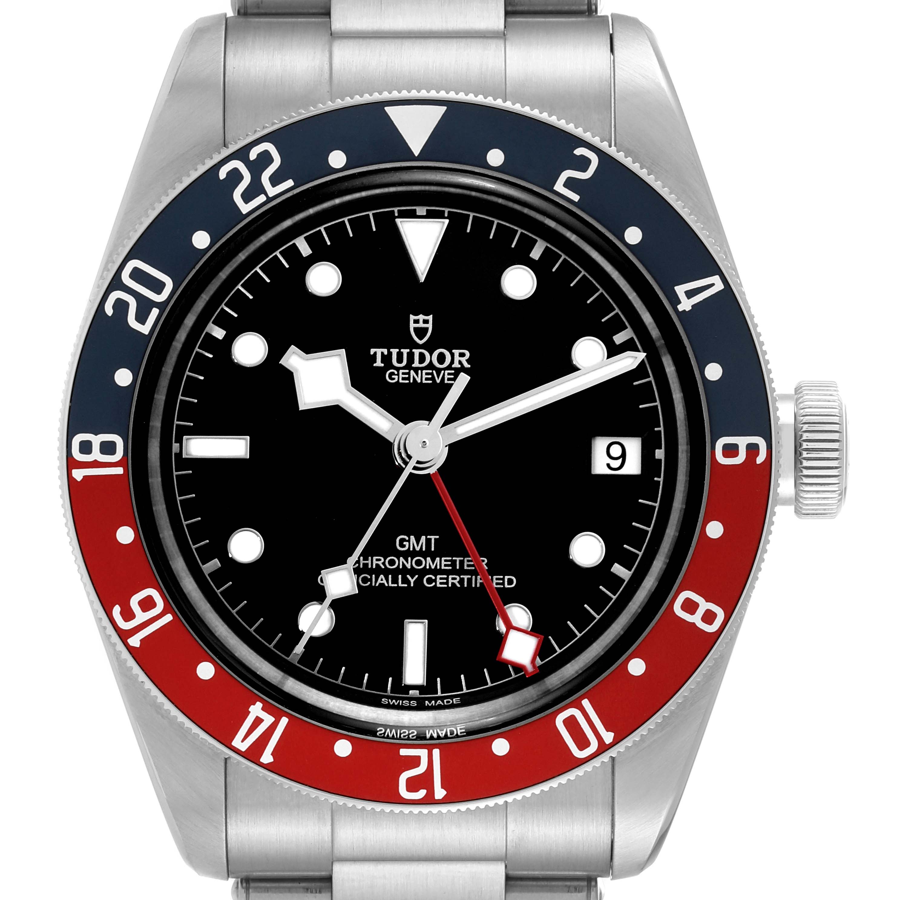 The image shows a front view of the Tudor Heritage Black Bay 79830RB Men's Stainless Steel Black Dial 79830RB Men's Stainless Steel Black Dial GMT watch, highlighting the dial, bezel, and part of the bracelet.