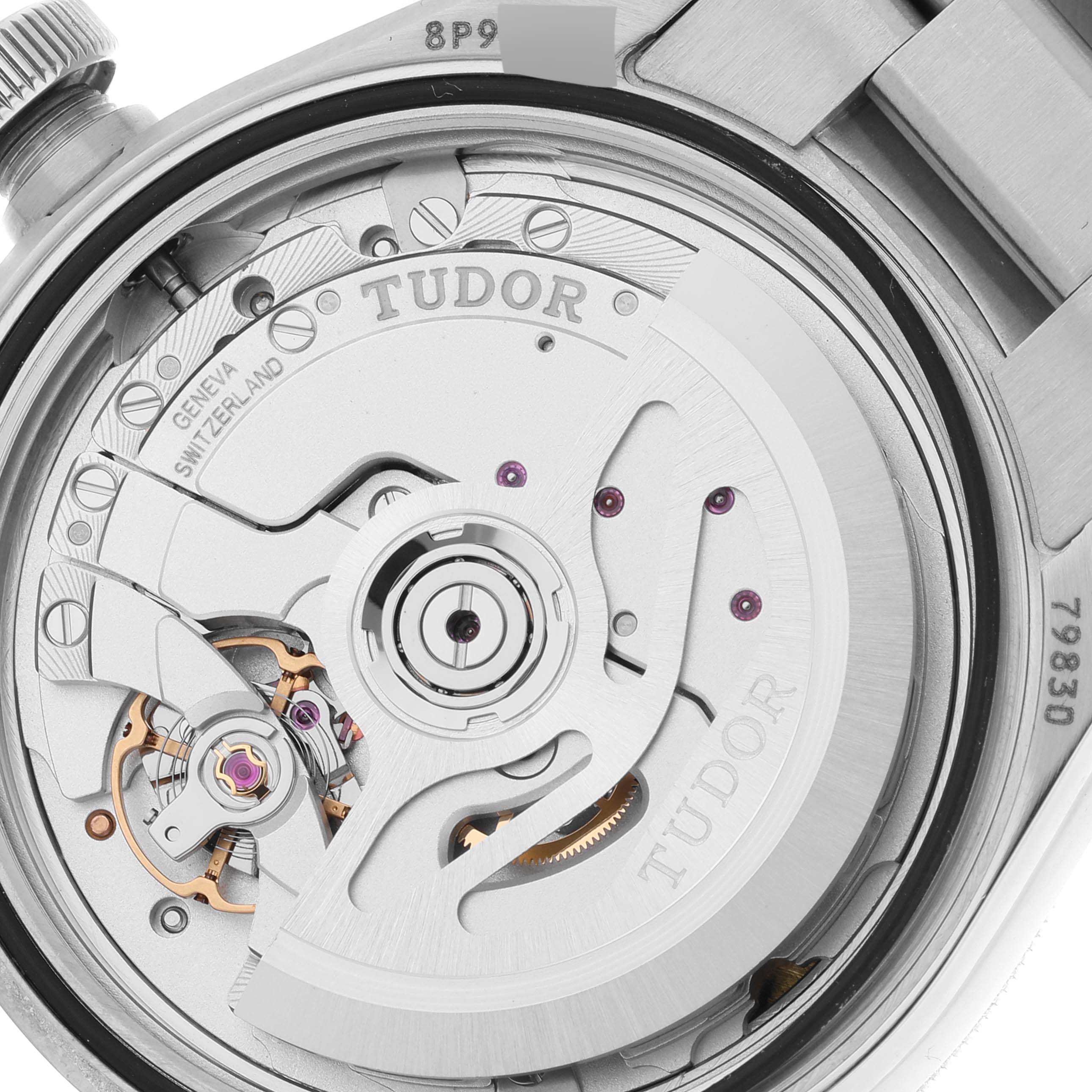 This image shows the intricate movement mechanism from the back view of a Tudor Heritage Black Bay 79830RB Men's Stainless Steel Black Dial 79830RB Men's Stainless Steel Black Dial watch.