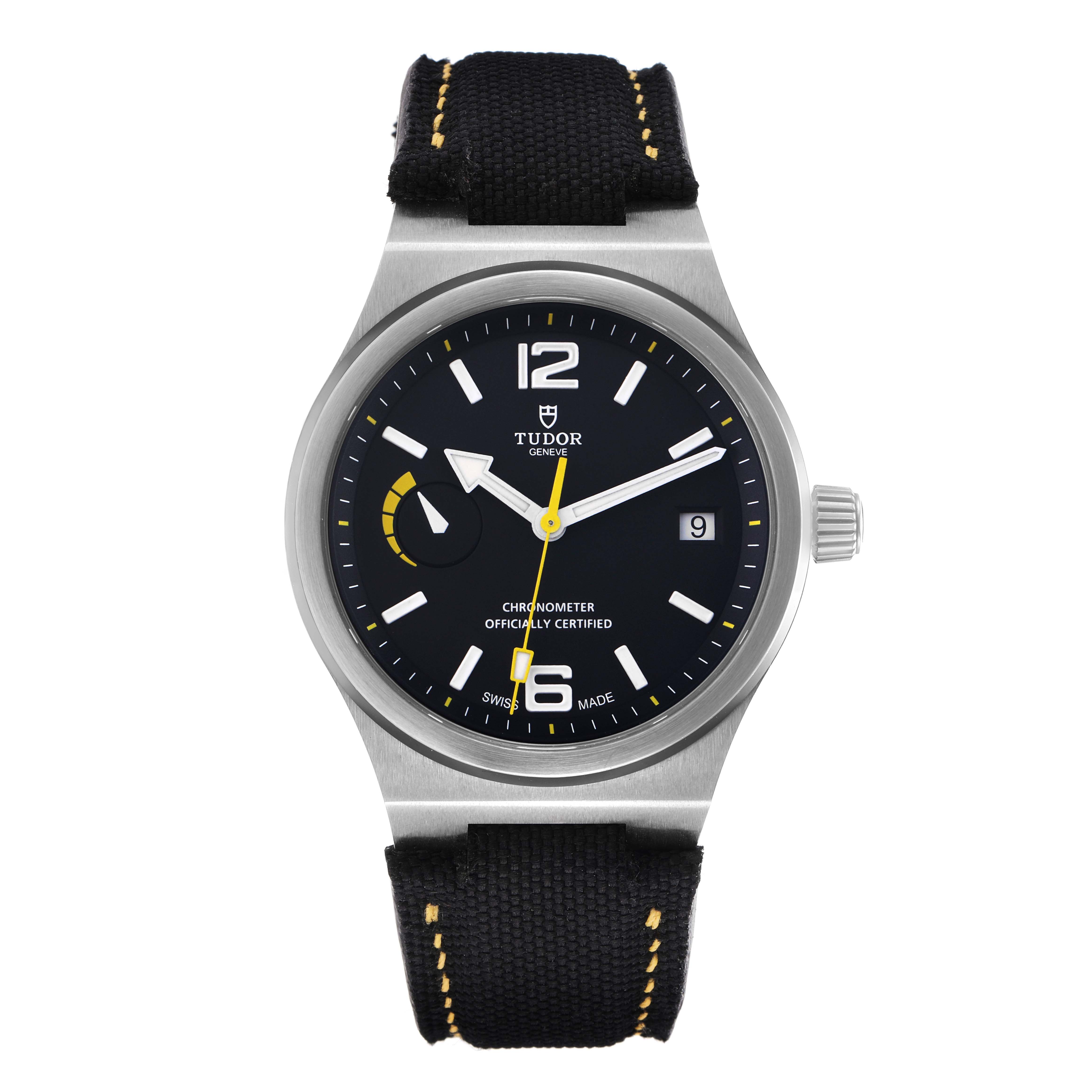 The Tudor Pelagos 91210N Men
s Stainless Steel Black Dial watch is shown from a top-down angle, displaying the dial, bezel, crown, and strap.