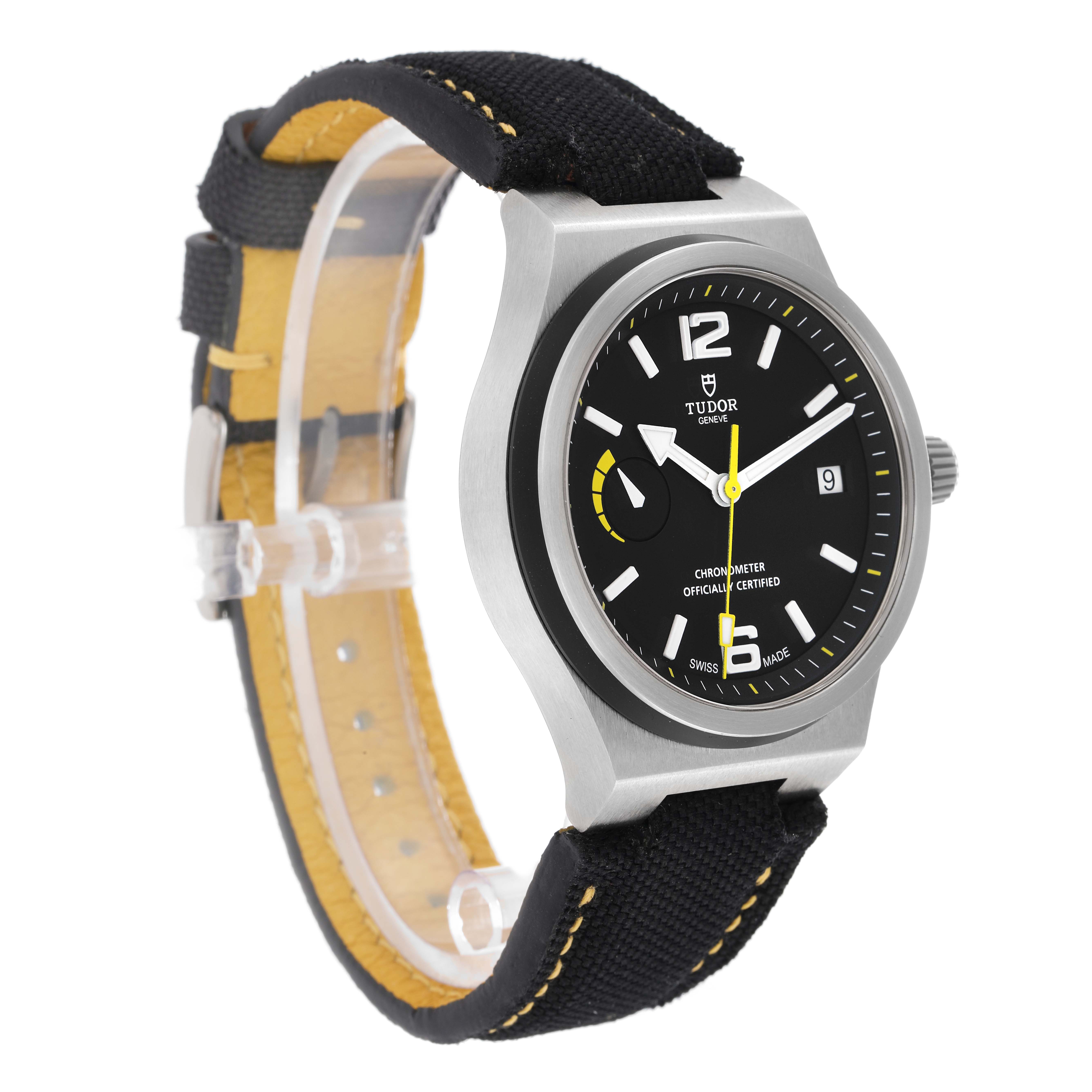 The Tudor Pelagos 91210N Men
s Stainless Steel Black Dial watch is shown at a slight angle, highlighting the face, bezel, strap, and crown.