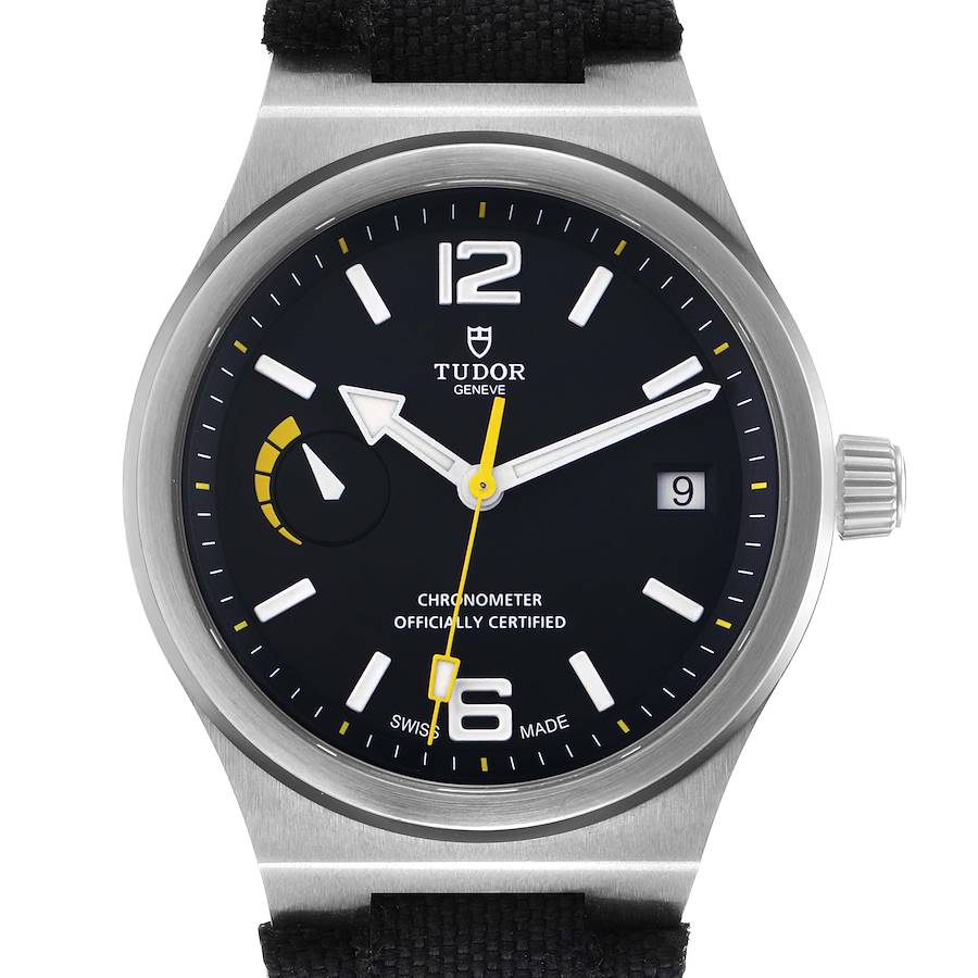 The image shows a frontal view of the Tudor Pelagos model 91210N, displaying its dial, hands, crown, and part of the strap.