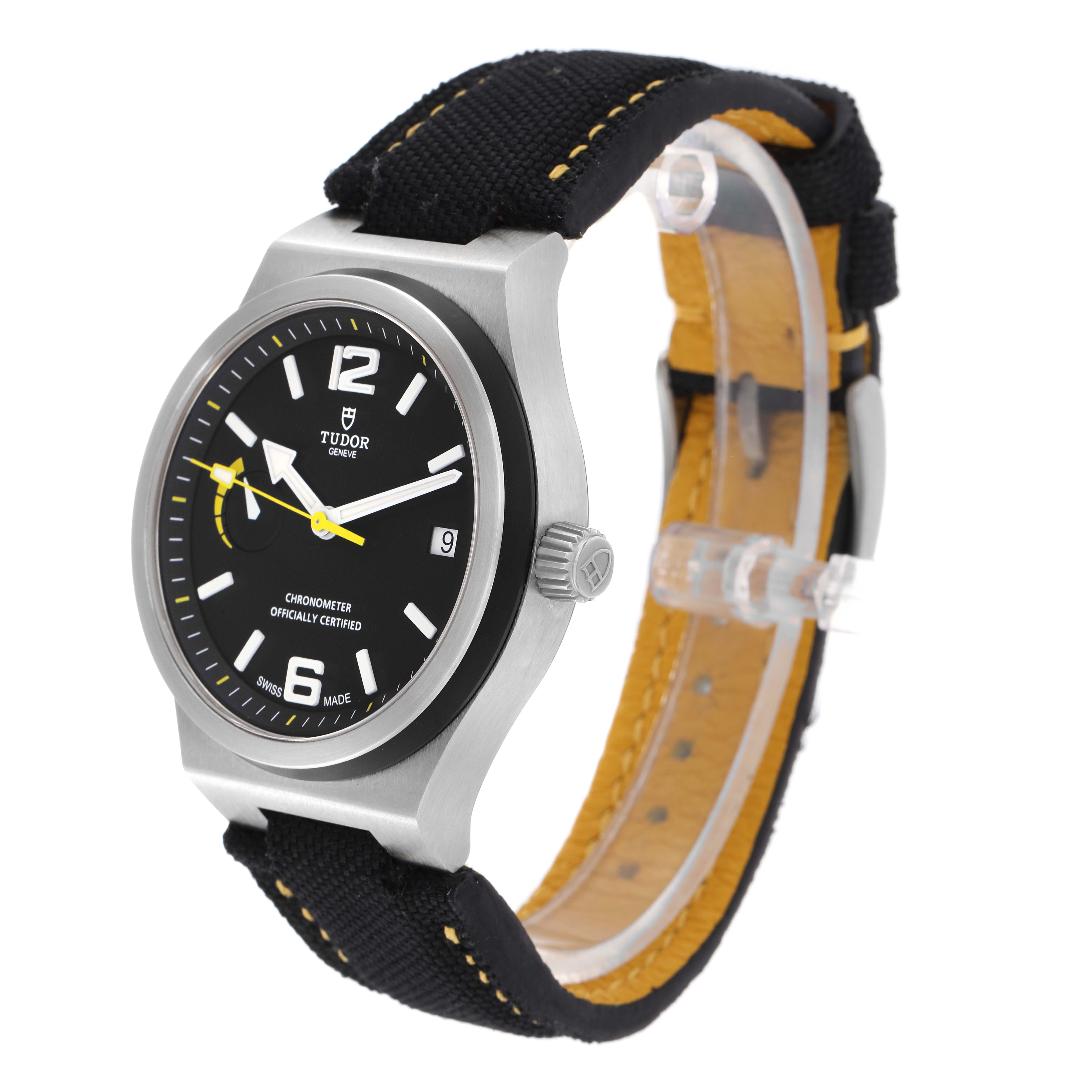 The Tudor Pelagos 91210N Men
s Stainless Steel Black Dial watch is shown from a three-quarter angle, highlighting the dial, crown, and strap.