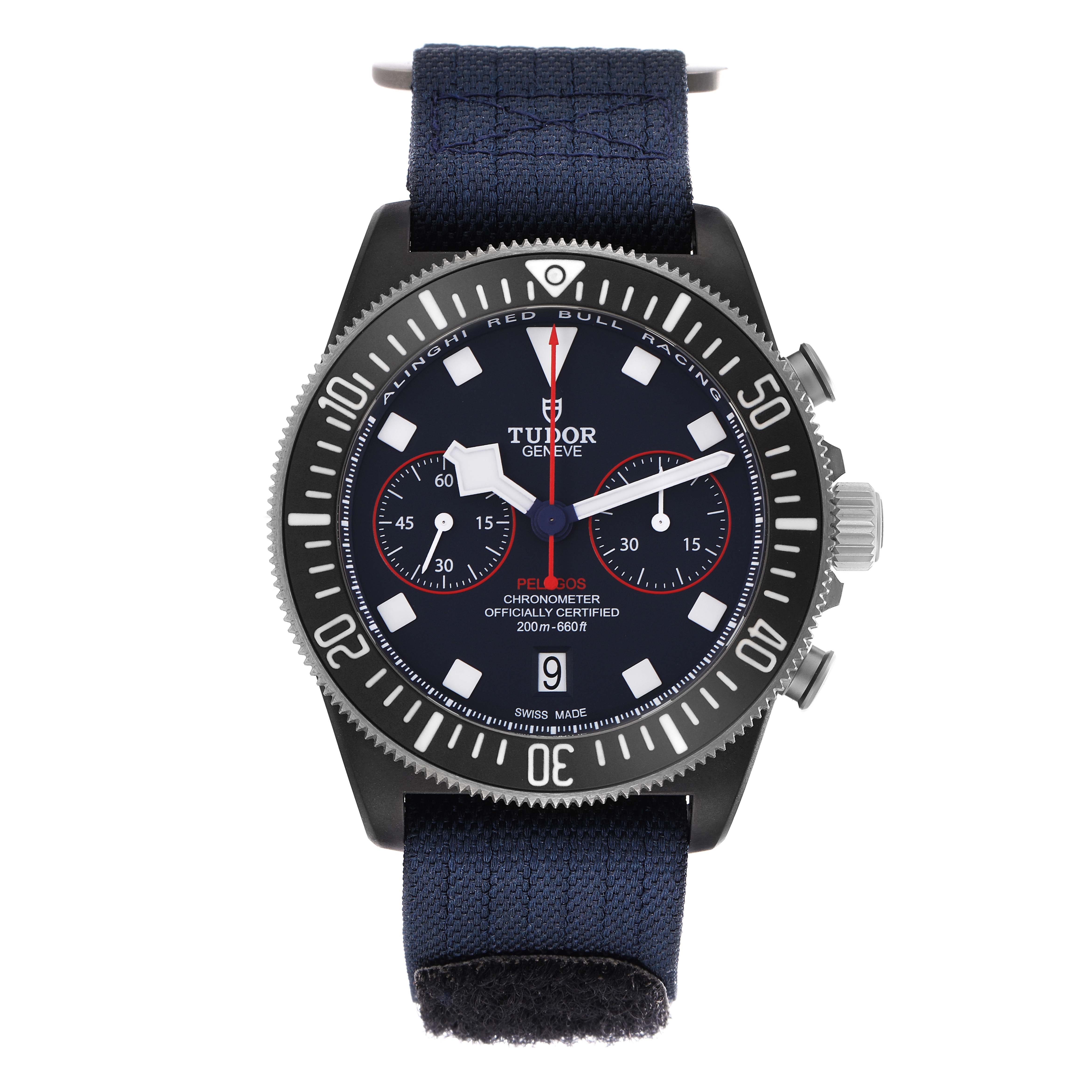 The Tudor Pelagos 25827KN Men
s Stainless Steel Blue Dial watch is shown from a front angle, displaying the face, bezel, and strap.