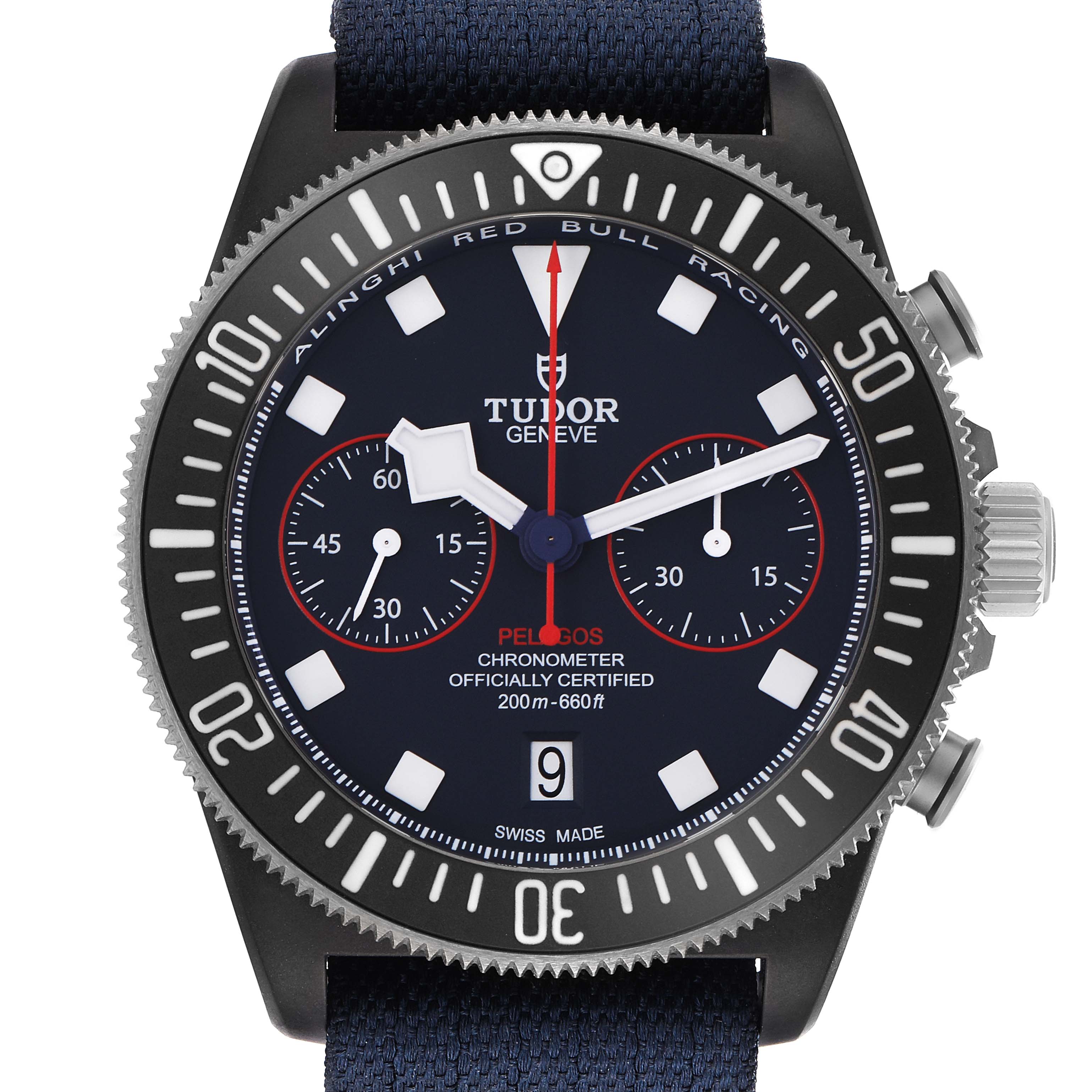 The Tudor Pelagos 25827KN Men
s Stainless Steel Blue Dial watch is shown from a front angle, highlighting its face, bezel, and crown.
