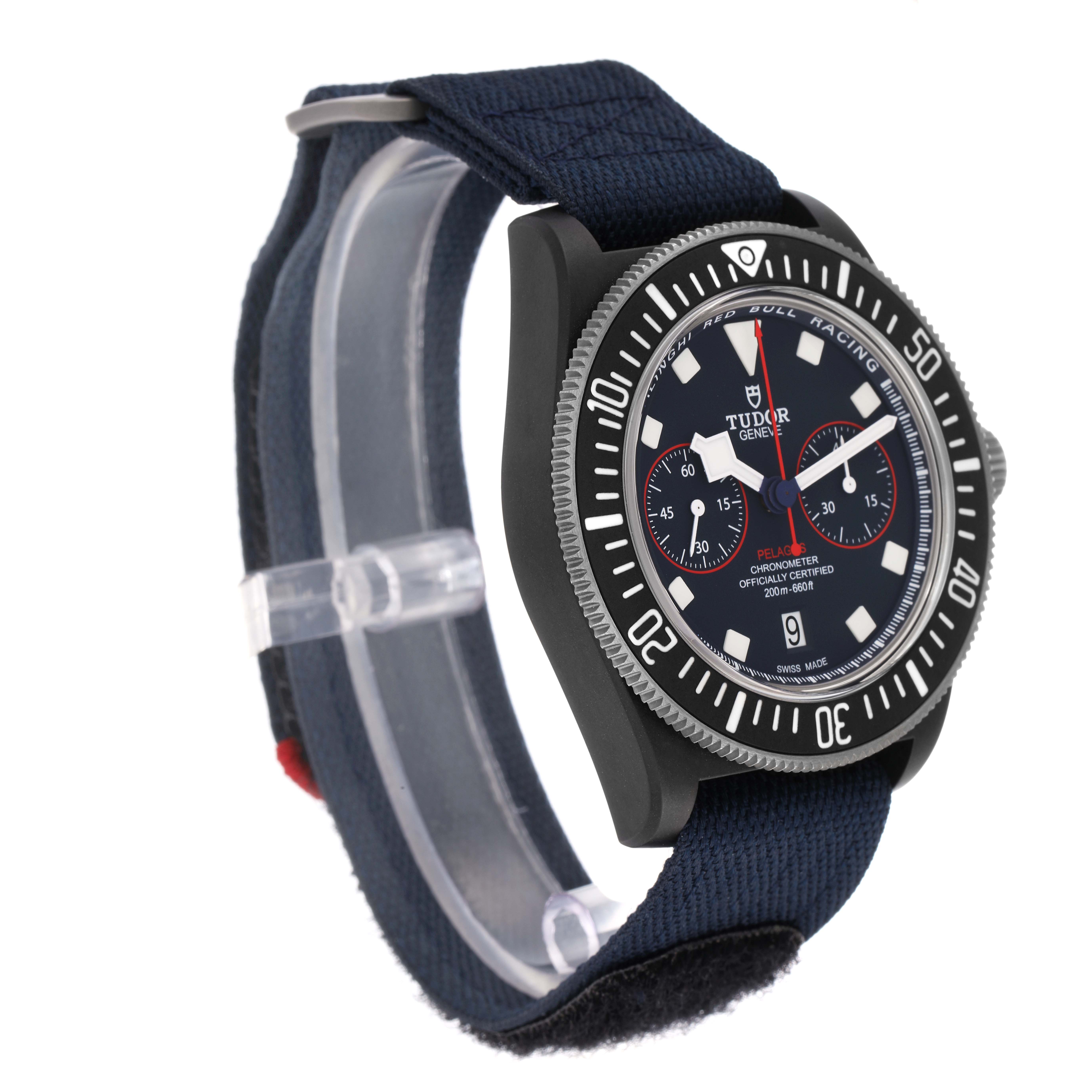The Tudor Pelagos 25827KN Men
s Stainless Steel Blue Dial watch is shown at a slight side angle, highlighting the face, bezel, and fabric strap.