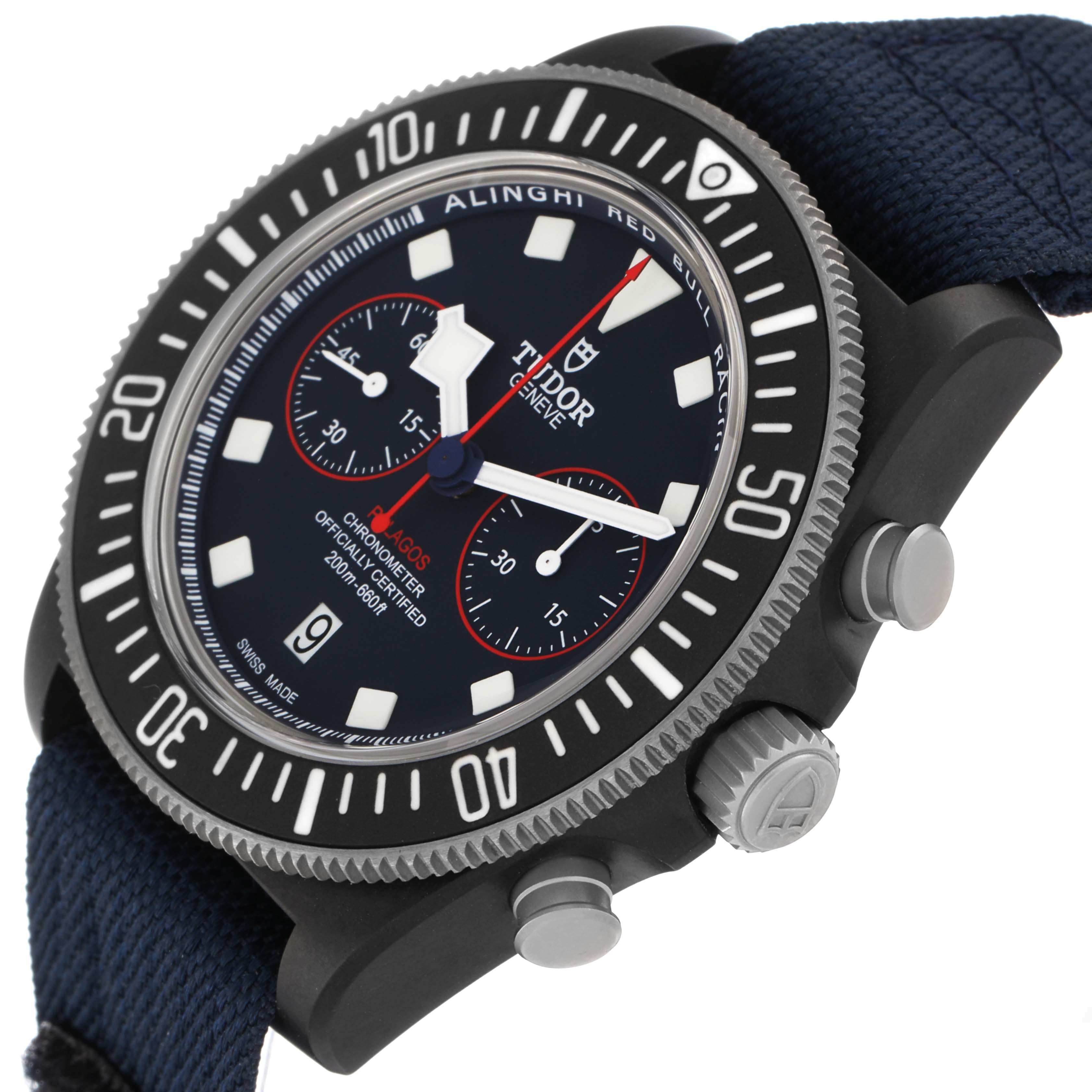 The Tudor Pelagos 25827KN Men
s Stainless Steel Blue Dial watch is shown from an angled side view, highlighting the dial, bezel, strap, and pushers.