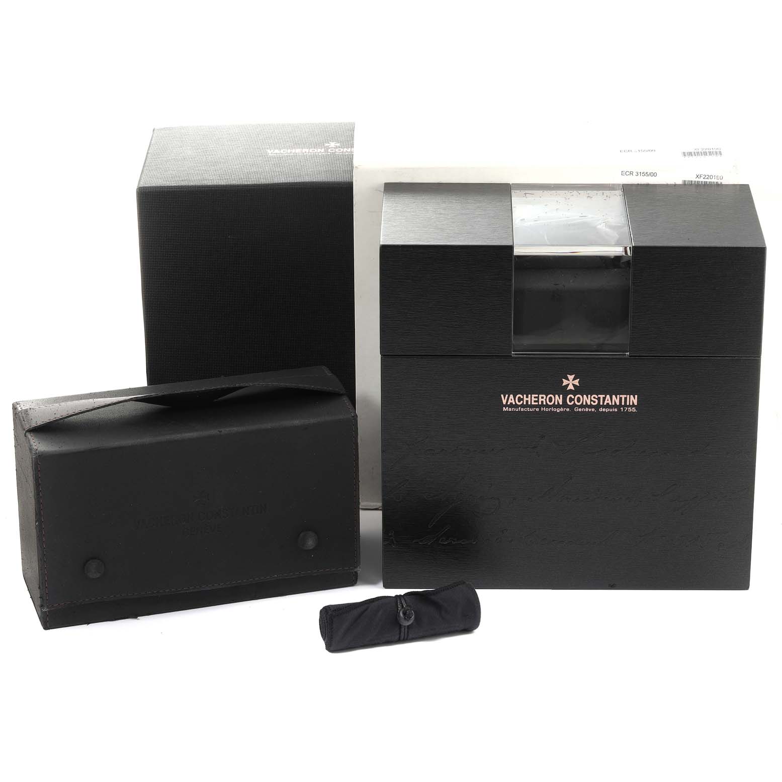 The image shows the packaging, box, and accessories for the Vacheron Constantin Overseas 47040B01A-9093 Men's Stainless Steel Silver Dial 47040B01A-9093 Men's Stainless Steel Silver Dial model watch.