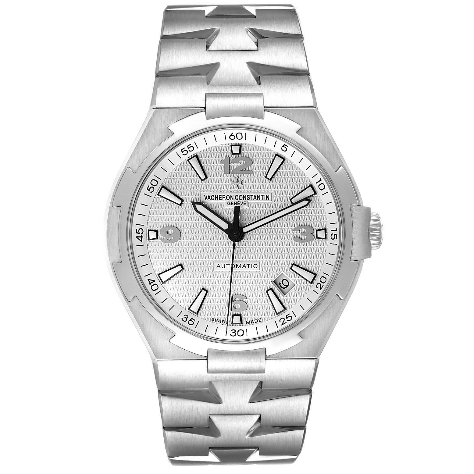 The image shows a front view of a Vacheron Constantin Overseas 47040B01A-9093 Men's Stainless Steel Silver Dial 47040B01A-9093 Men's Stainless Steel Silver Dial model watch displaying the dial, bezel, and bracelet.