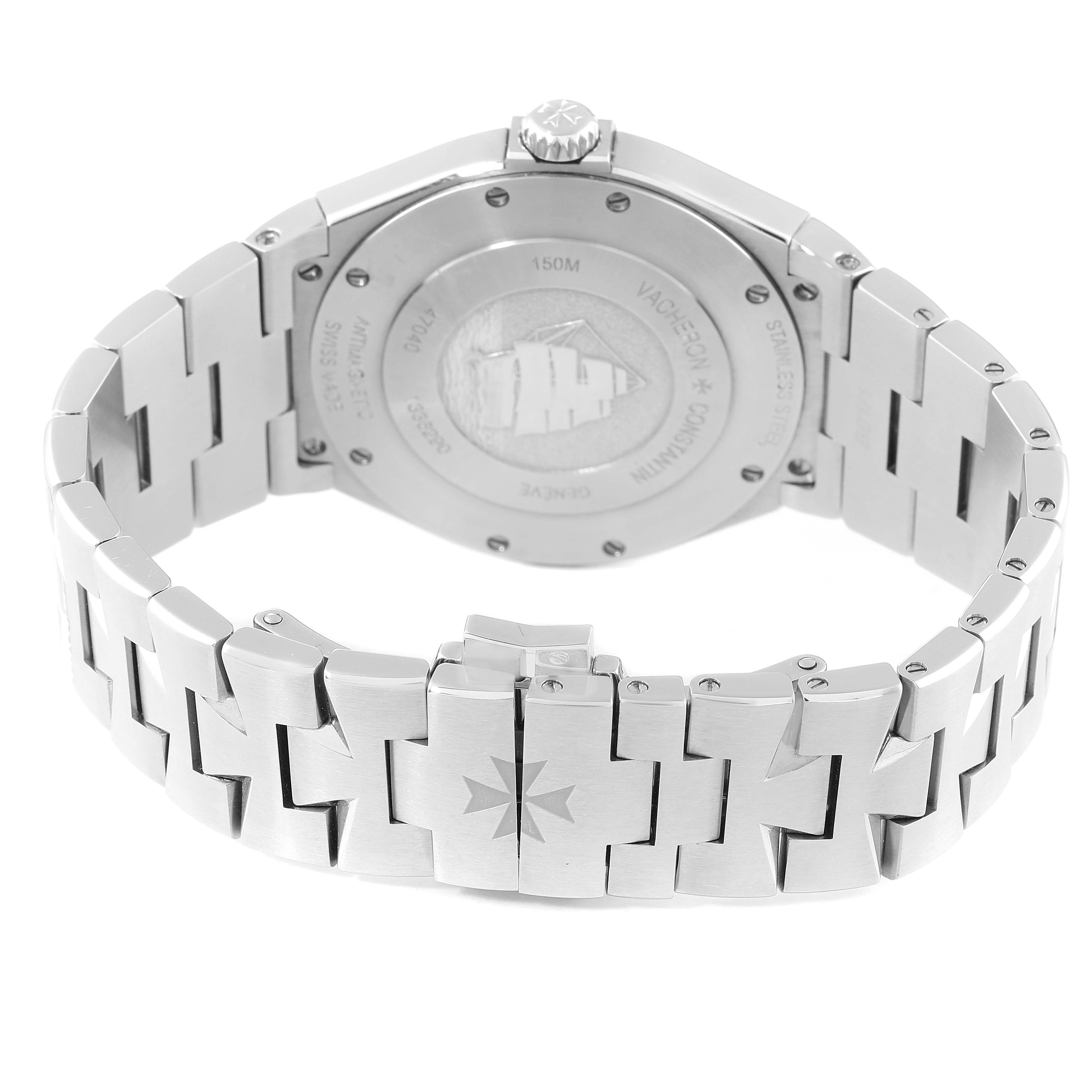 The image shows the back angle of a Vacheron Constantin Overseas 47040B01A-9093 Men's Stainless Steel Silver Dial 47040B01A-9093 Men's Stainless Steel Silver Dial model, highlighting its case back and bracelet clasp.