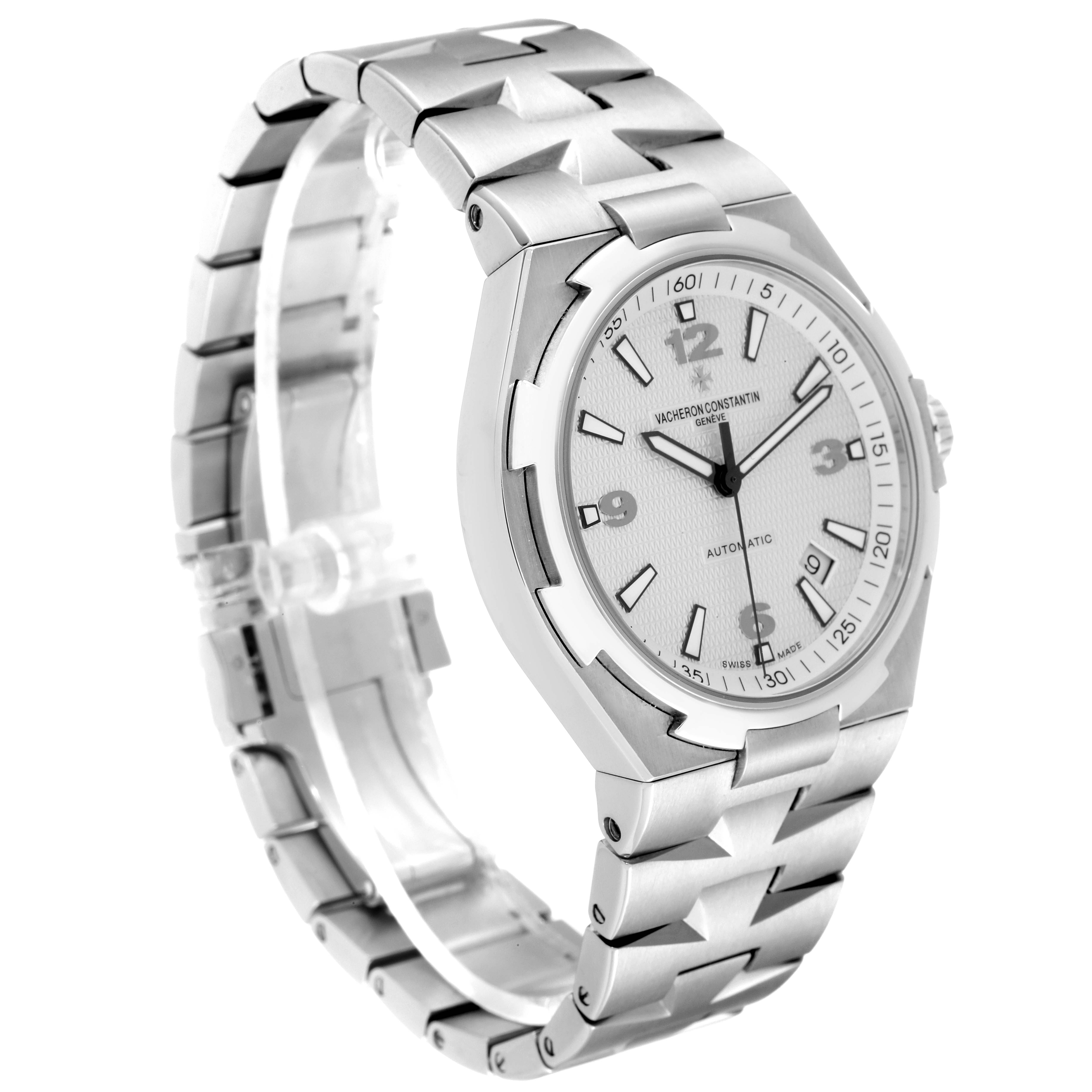 This image shows a side and front angle view of the Vacheron Constantin Overseas 47040B01A-9093 Men's Stainless Steel Silver Dial 47040B01A-9093 Men's Stainless Steel Silver Dial model watch, highlighting its dial and bracelet.