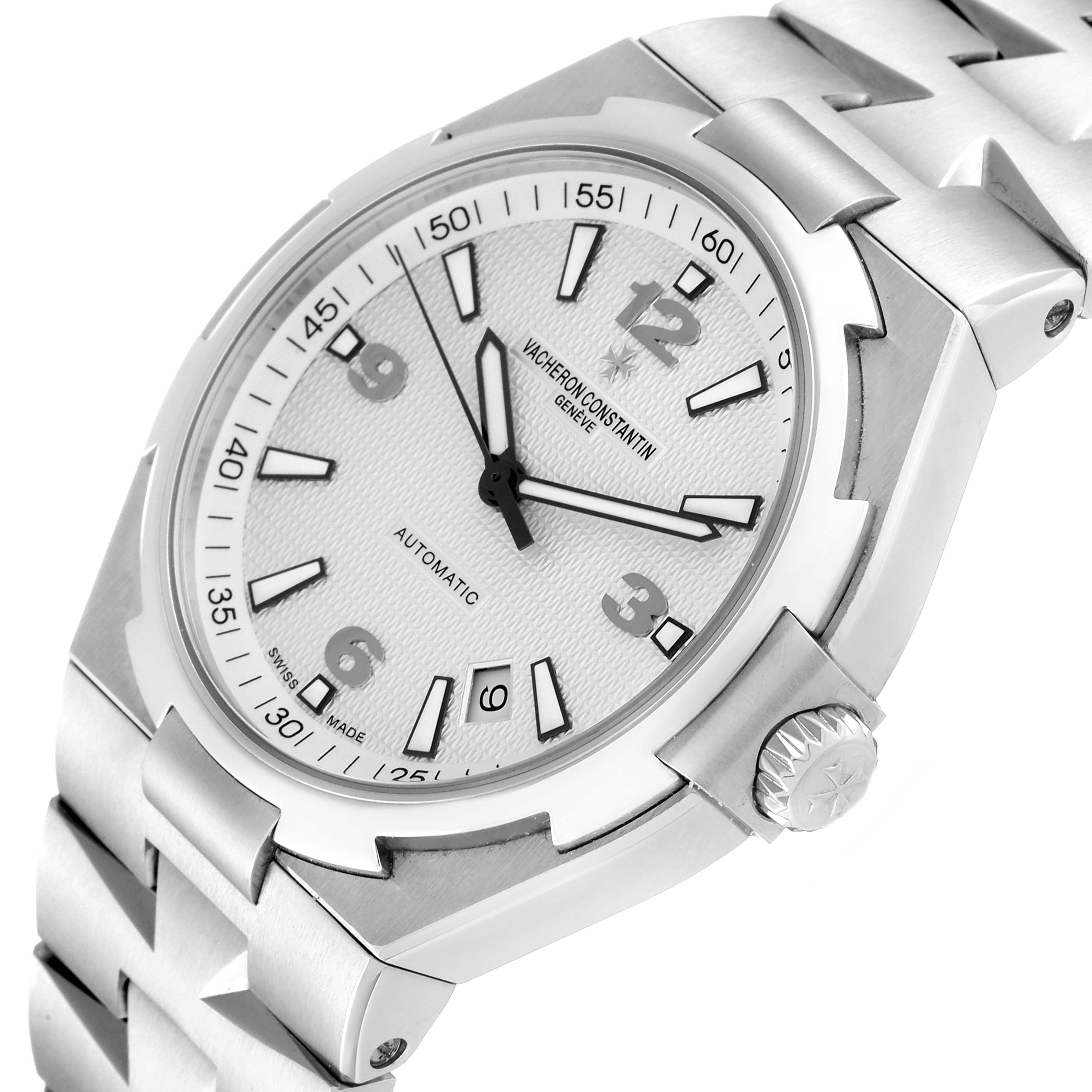 The image shows a close-up of the Vacheron Constantin Overseas 47040B01A-9093 Men's Stainless Steel Silver Dial 47040B01A-9093 Men's Stainless Steel Silver Dial model watch face and part of the bracelet from an angled top-down view.