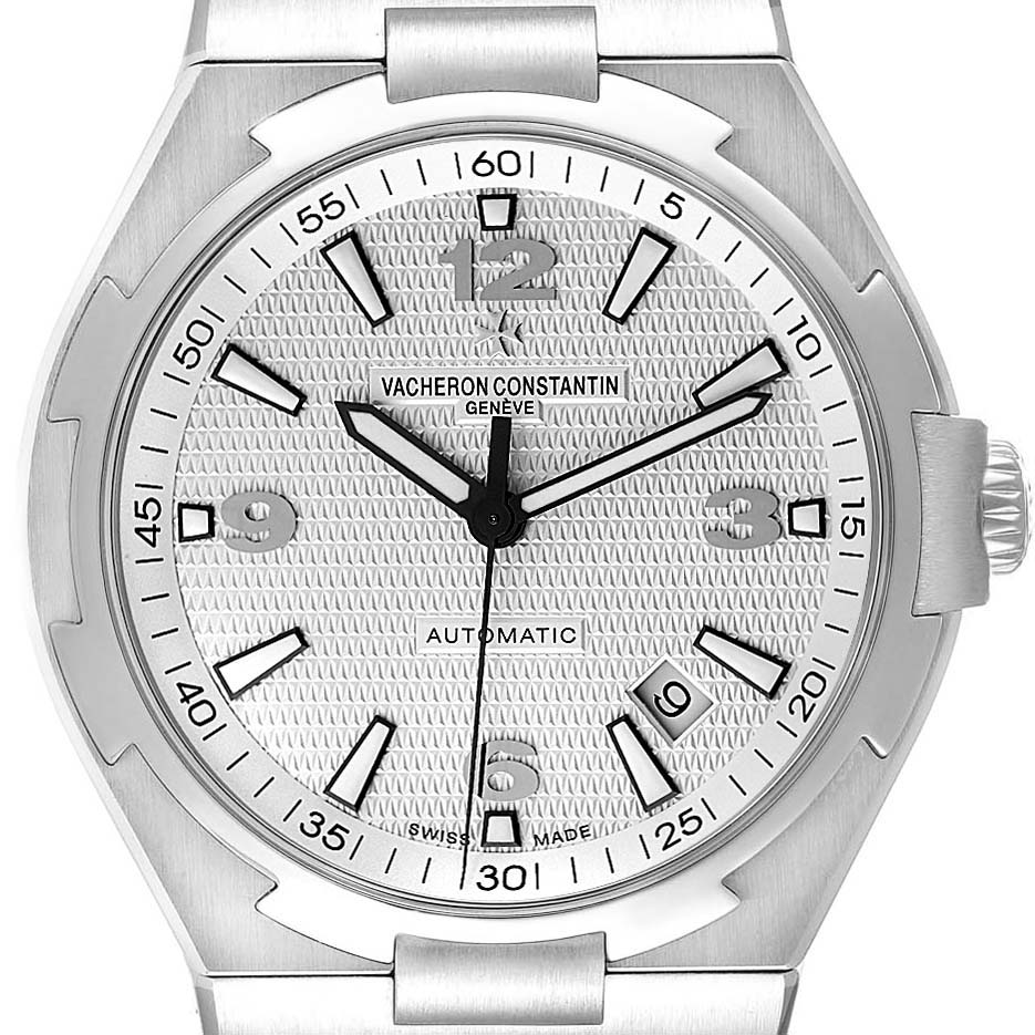 This image displays a close-up of the dial, bezel, and part of the strap of the Vacheron Constantin Overseas 47040B01A-9093 Men's Stainless Steel Silver Dial 47040B01A-9093 Men's Stainless Steel Silver Dial watch.