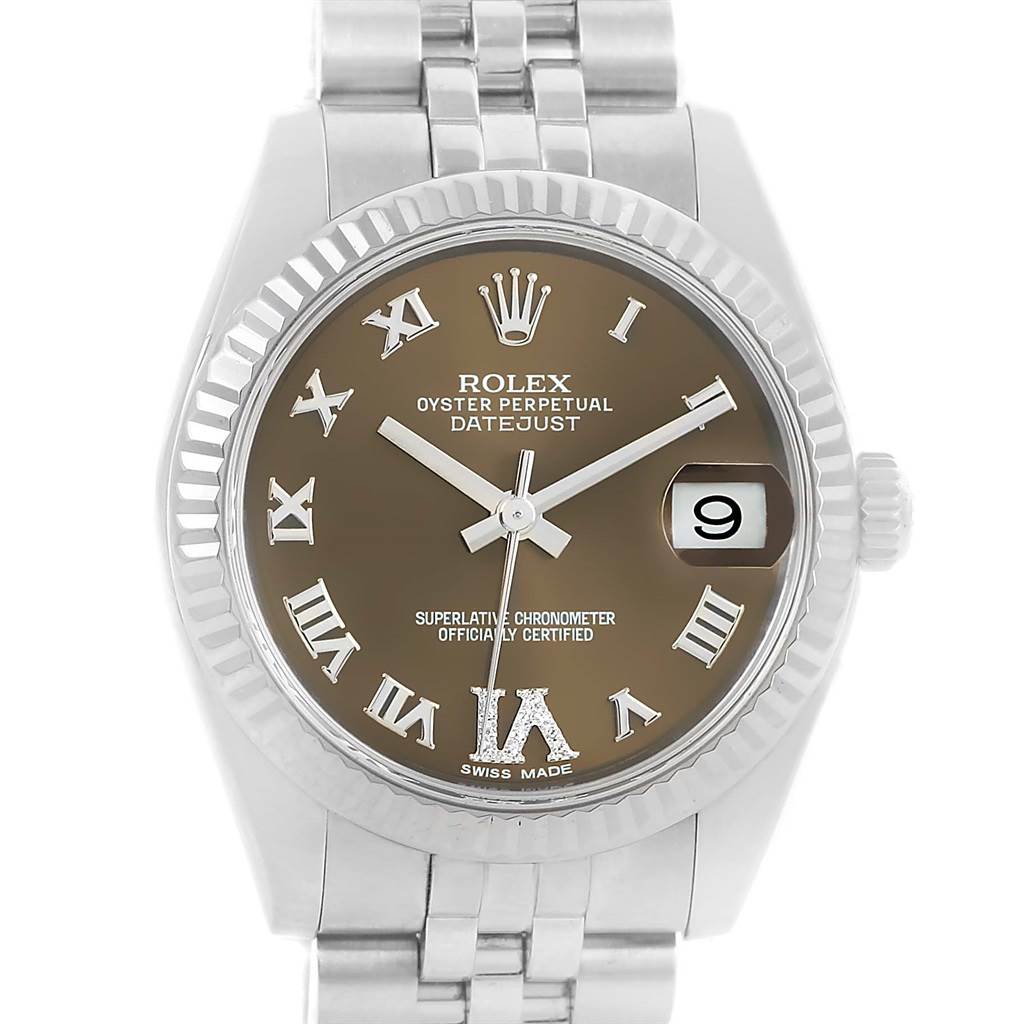 The image shows a front view of the Rolex 178274 Women's Stainless Steel Brown Dial 178274 Women's Stainless Steel Brown Dial Datejust Midsize Steel White Gold Brown Diamond Dial Watch 178274 model.