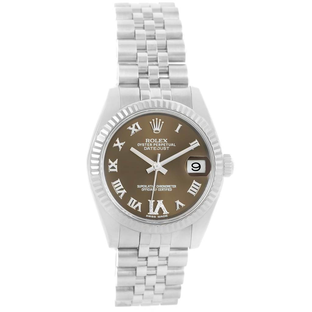 This image shows a front view of the Rolex 178274 Women's Stainless Steel Brown Dial 178274 Women's Stainless Steel Brown Dial Datejust Midsize Steel White Gold Brown Diamond Dial Watch 178274 model.