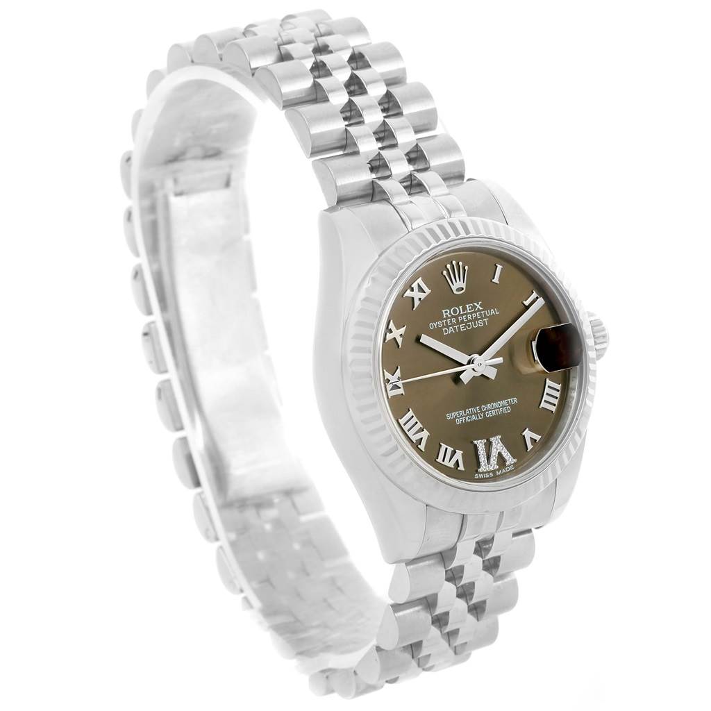 The image shows a side and front angle of the Rolex 178274 Women's Stainless Steel Brown Dial 178274 Women's Stainless Steel Brown Dial Datejust Midsize Steel White Gold Brown Diamond Dial Watch 178274.