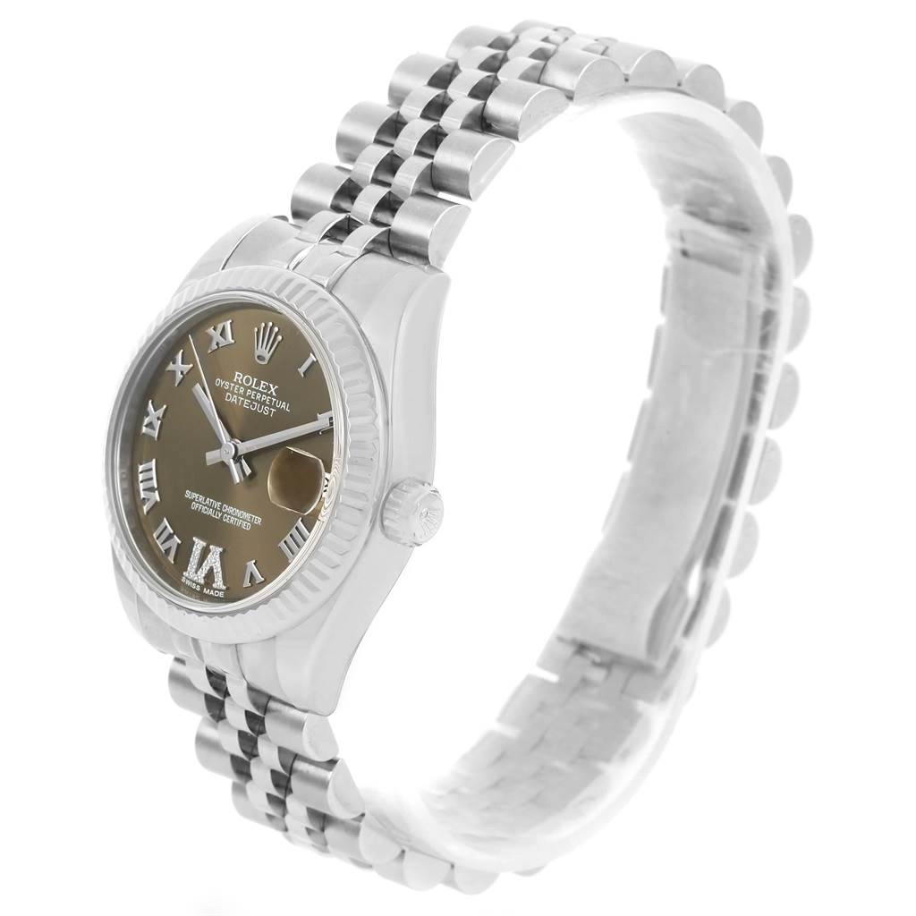 The Rolex 178274 Women's Stainless Steel Brown Dial 178274 Women's Stainless Steel Brown Dial Datejust Midsize Steel White Gold Brown Diamond Dial Watch 178274 is shown from a three-quarter angle, displaying the face and bracelet.