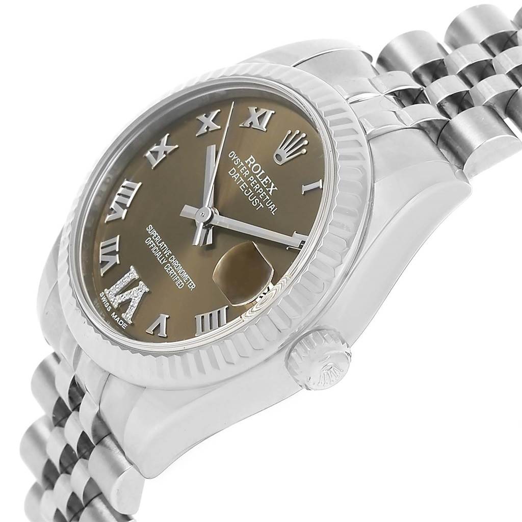 The image showcases a Rolex 178274 Women's Stainless Steel Brown Dial 178274 Women's Stainless Steel Brown Dial Datejust Midsize Steel White Gold Brown Diamond Dial Watch 178274 from an angled side view, highlighting the dial, bezel, crown, and part of the bracelet.