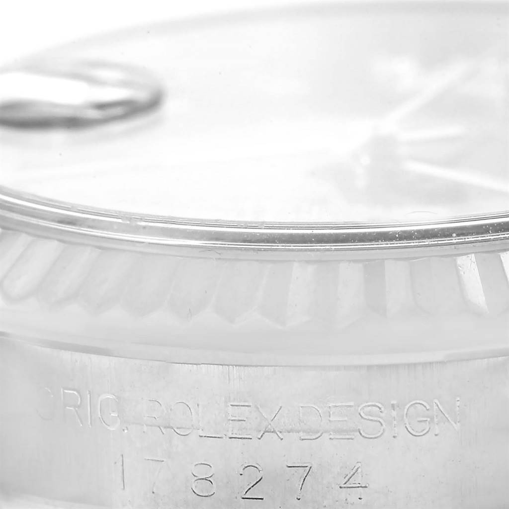 The image shows a close-up of the side of the Rolex 178274 Women's Stainless Steel Brown Dial 178274 Women's Stainless Steel Brown Dial Datejust Midsize Steel White Gold Brown Diamond Dial Watch 178274, highlighting the model number.