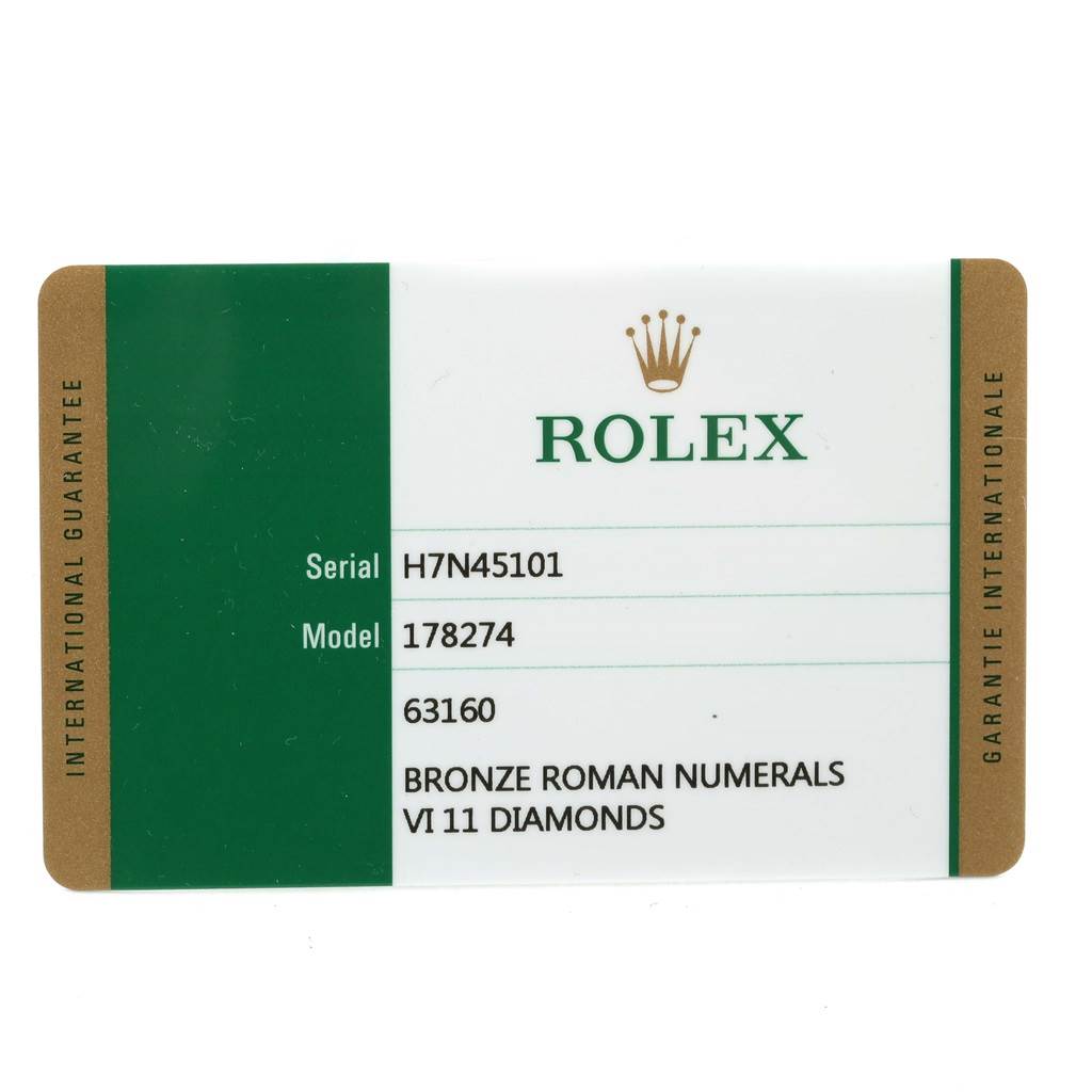 The image shows a warranty card for the Rolex 178274 Women's Stainless Steel Brown Dial 178274 Women's Stainless Steel Brown Dial Datejust Midsize Steel White Gold Brown Diamond Dial Watch 178274 model.